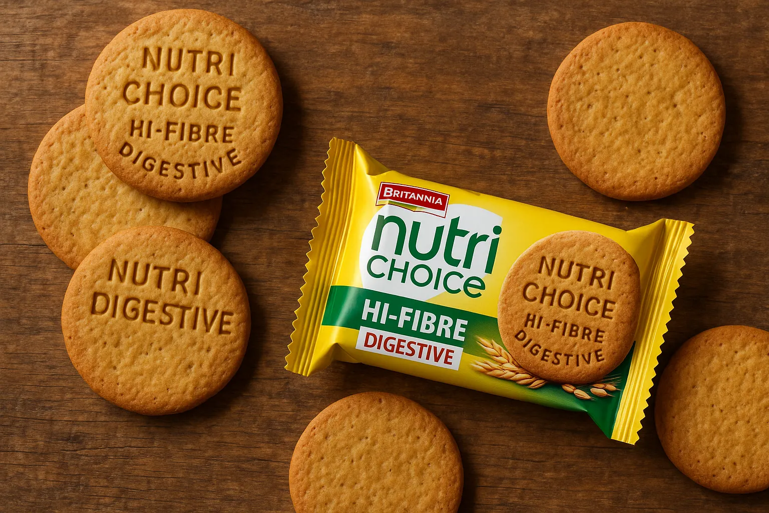 Fresh Britannia NutriChoice Hi-Fibre biscuits on rustic wooden table - 493 calories per 100g