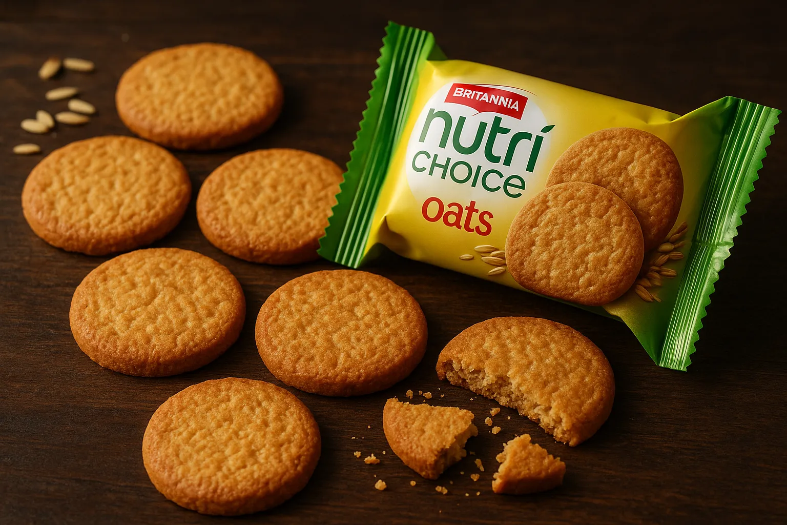 Frische Britannia NutriChoice Oats Kekse auf rustikalem Holztisch - 450 Kalorien pro 100 g