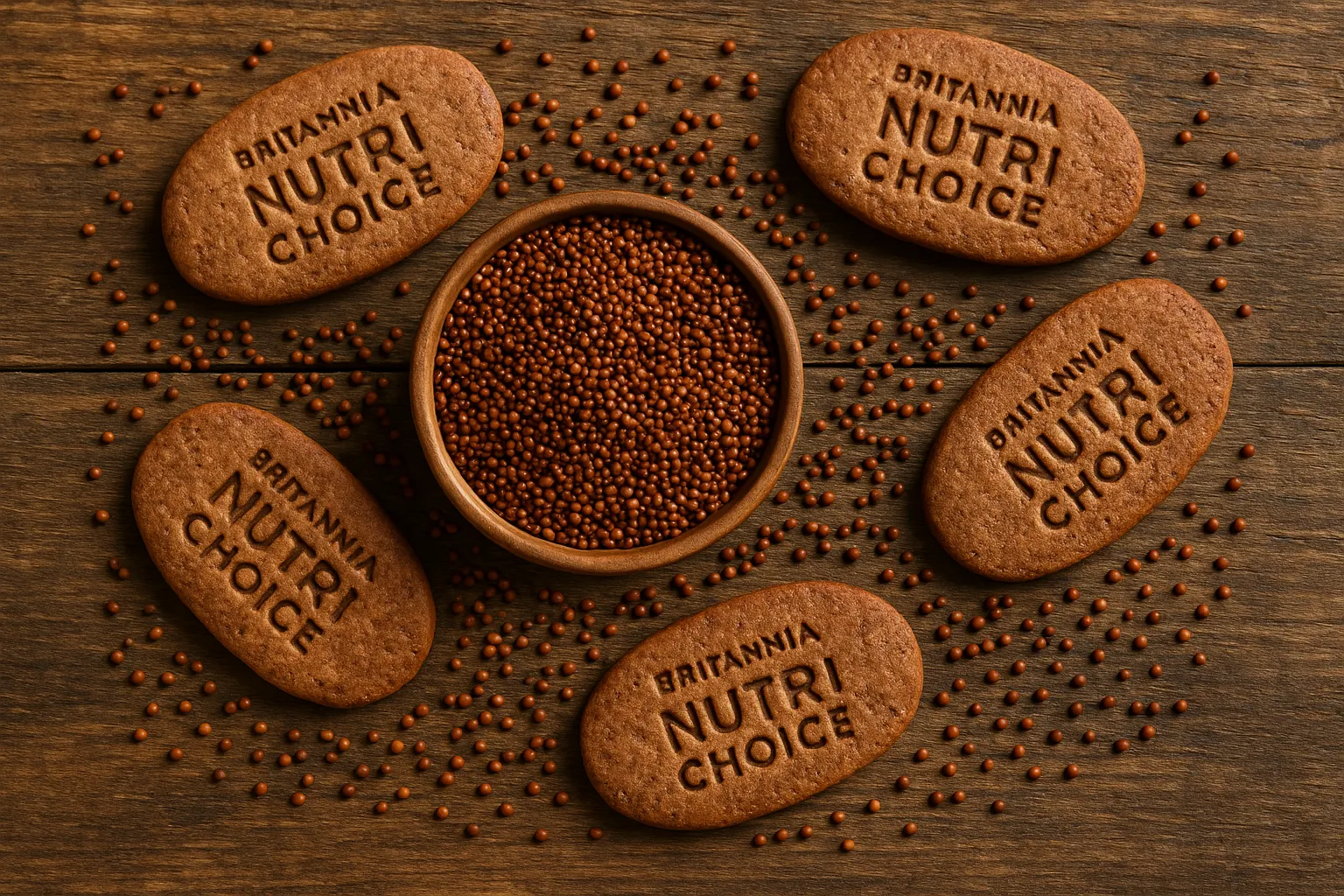 Frische Britannia NutriChoice Ragi Kekse mit Fingerhirse auf rustikalem Holztisch - 478 Kalorien pro 100 g