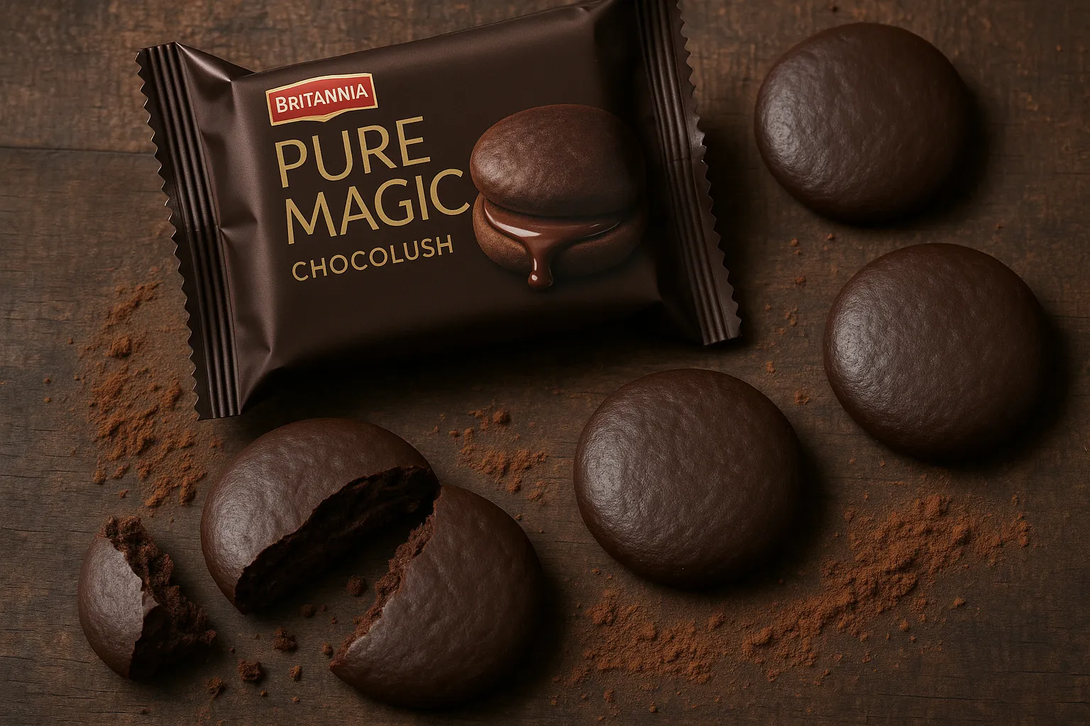Fresh Britannia Pure Magic Chocolush cookies on rustic wooden table - 520 calories per 100g