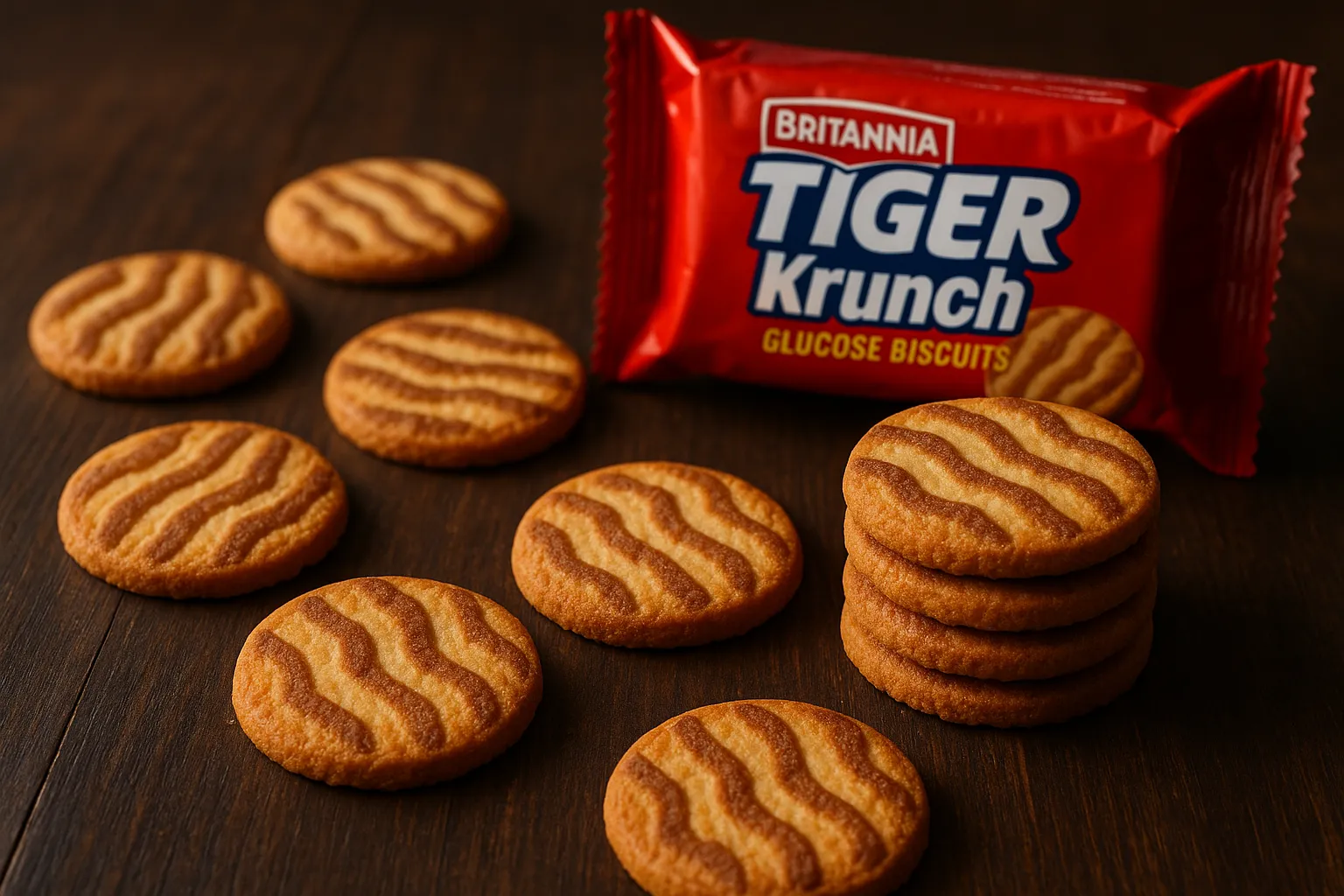Fresh Britannia Tiger Krunch biscuits on rustic wooden table - 460 calories per 100g