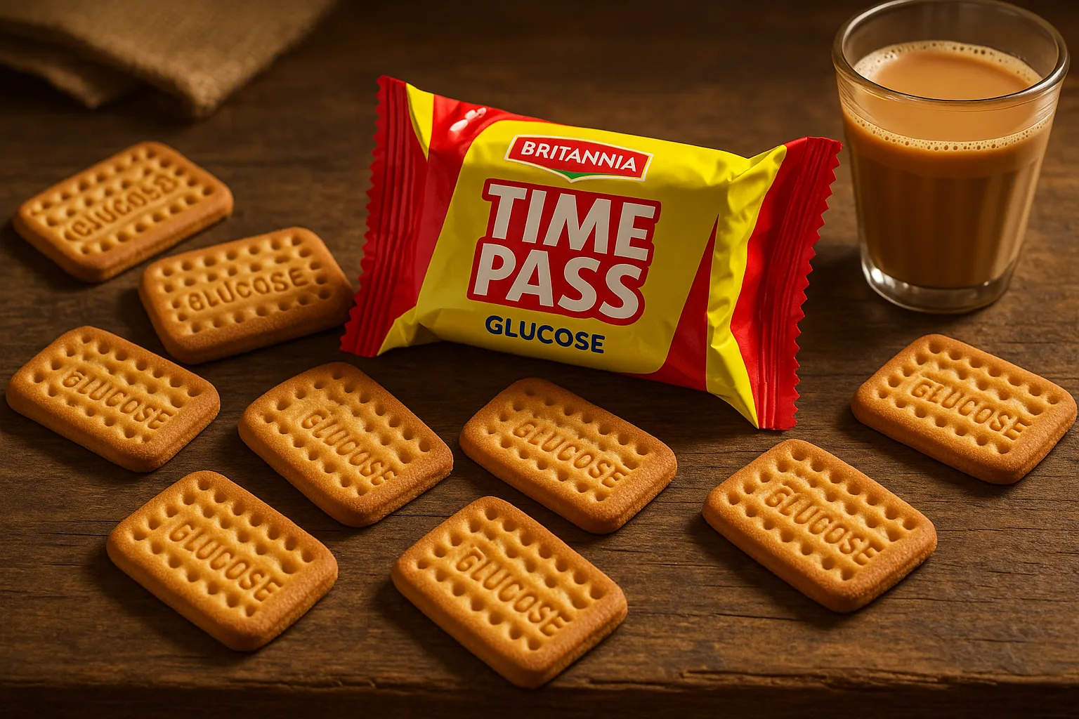 Fresh Britannia Time Pass biscuits on rustic wooden table - 462 calories per 100g