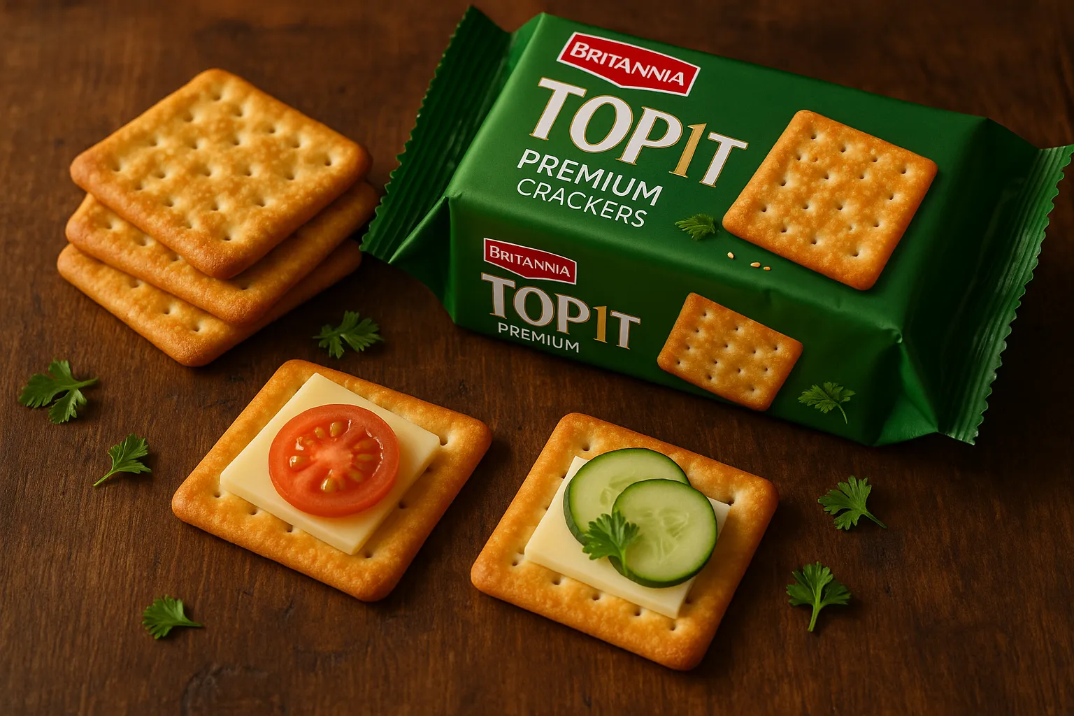 Fresh Britannia TopIt Premium Crackers on rustic wooden table - 445 calories per 100g