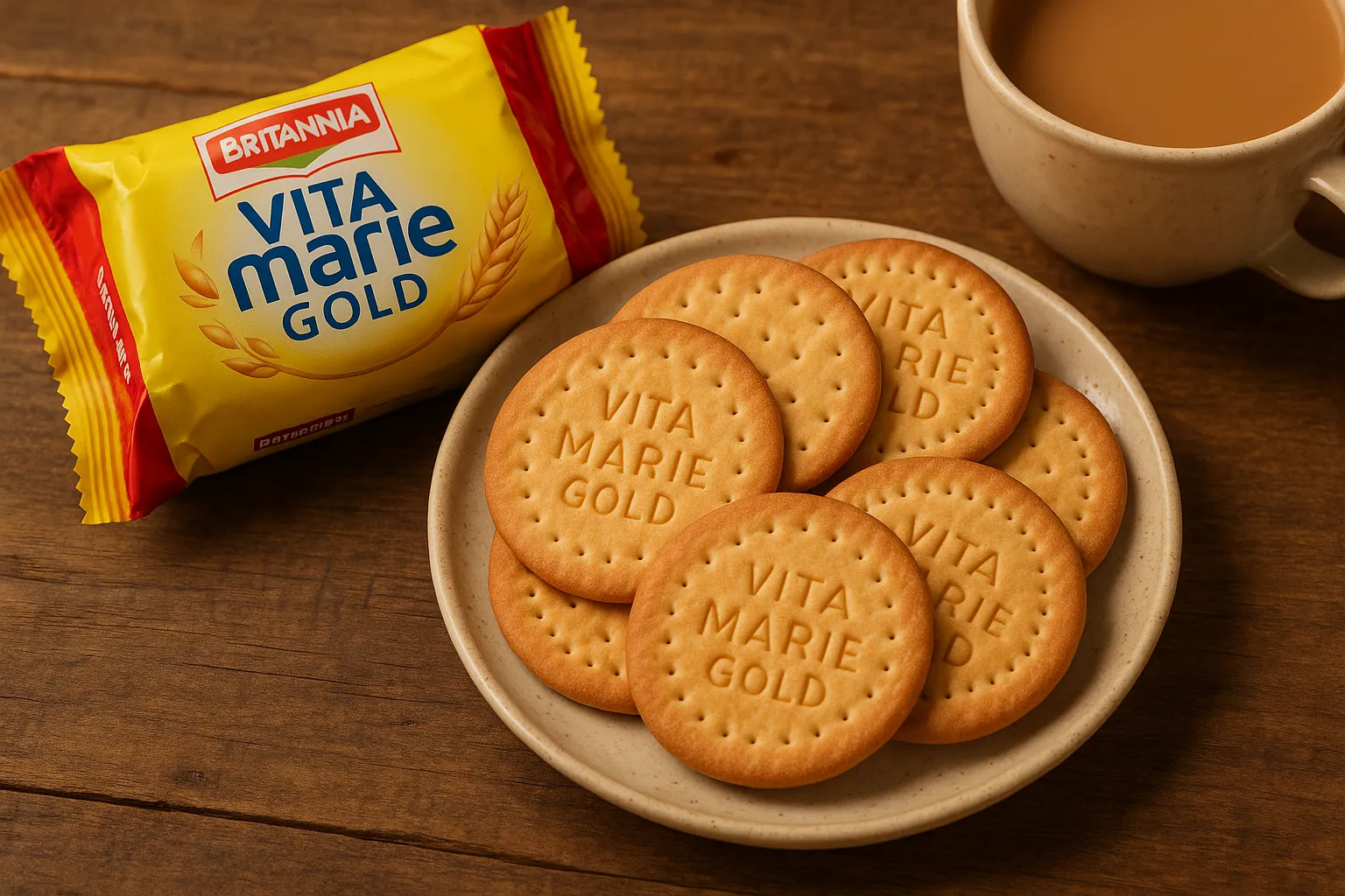 Britannia Vita Marie Gold Kekse auf rustikalem Holztisch - 111 Kalorien pro 6 Kekse