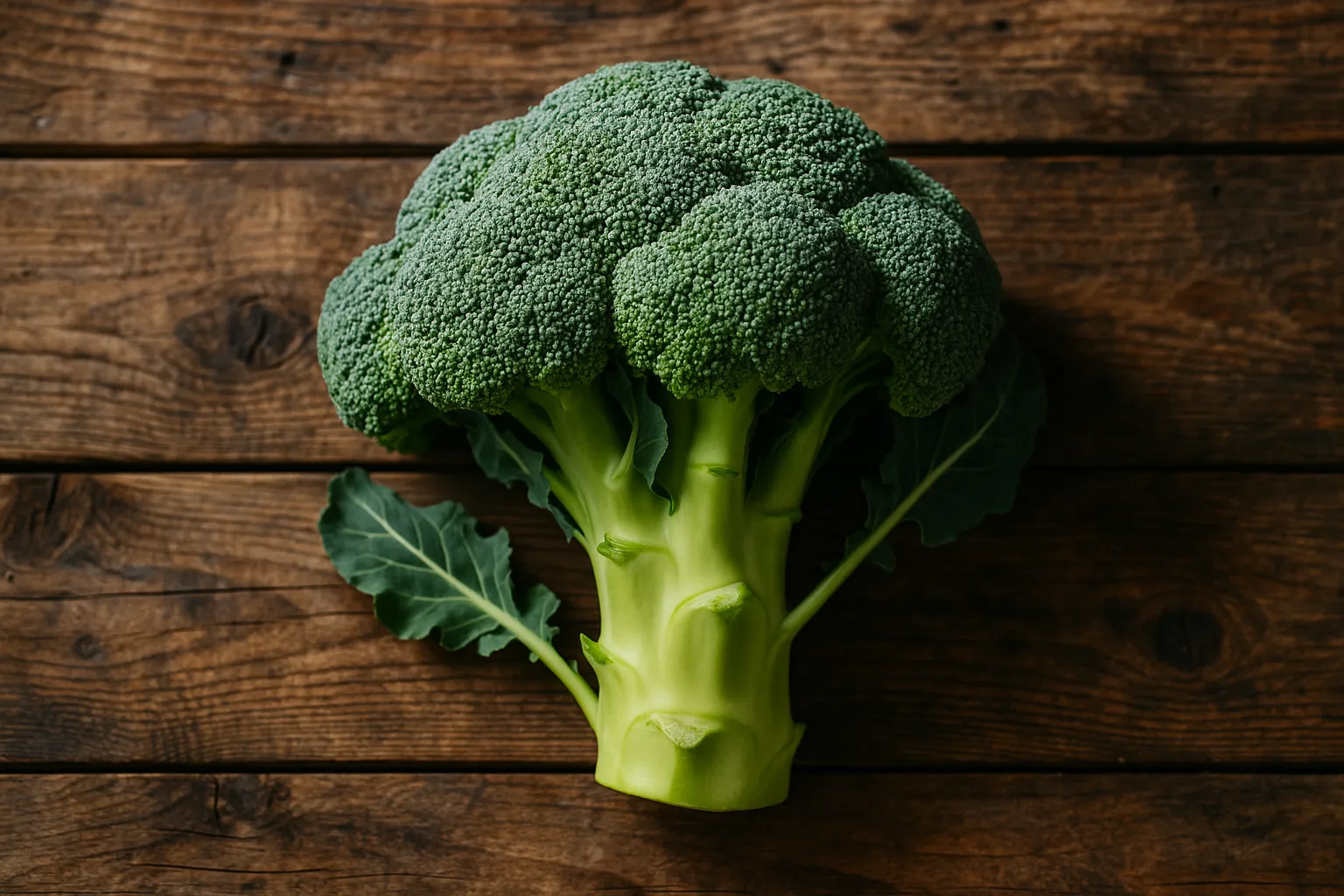 Fresh broccoli on rustic wooden table - 34 calories per 100g
