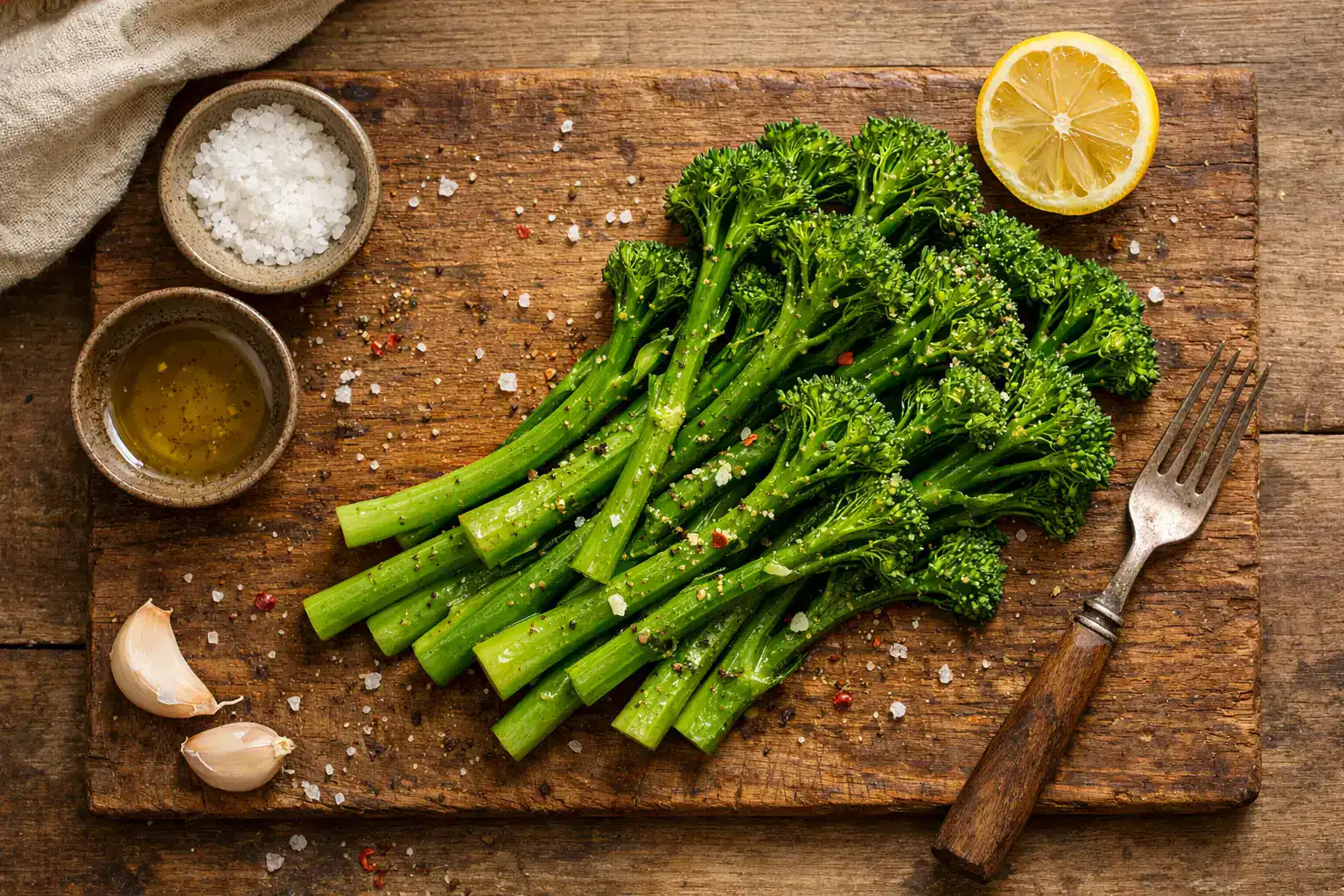 Fresh steamed broccolini on rustic wooden table - 34 calories per 100g