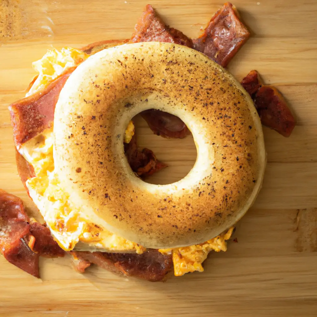 Fresh Bronco High-Protein Breakfast Bagel with turkey bacon on rustic wooden table - 240 calories per sandwich