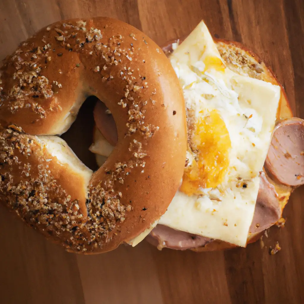 Fresh Bronco High-Protein Breakfast Bagel on rustic wooden table - 280 calories per sandwich