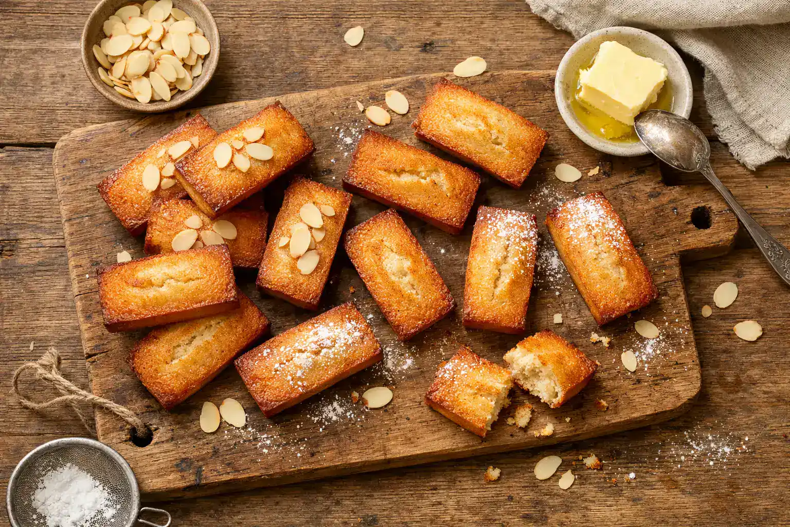 Financiers au beurre noisette frais sur table en bois rustique - 180 calories par pièce