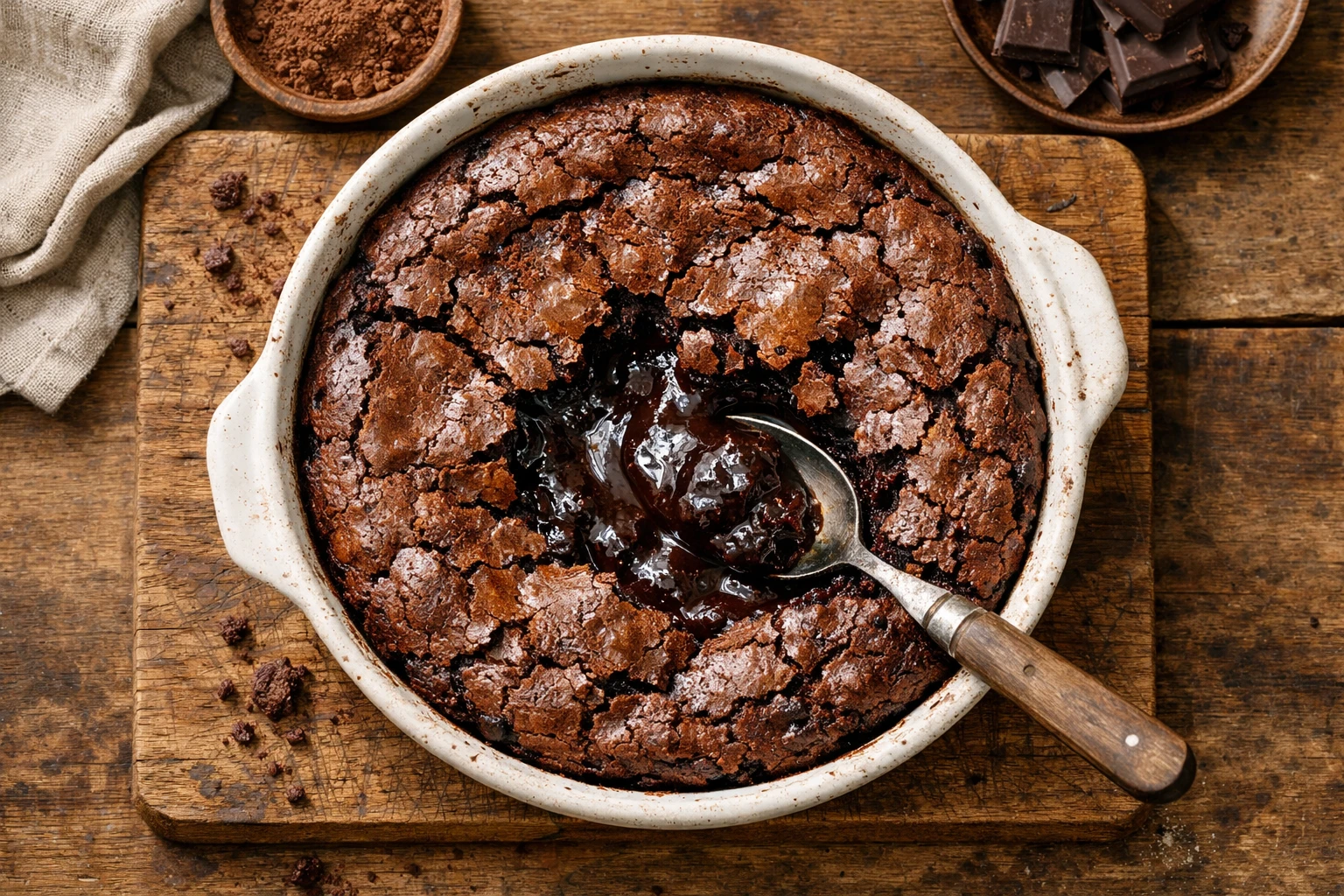 Brownie pudding fresco en mesa de madera rústica - 429 calorías por porción de 100g
