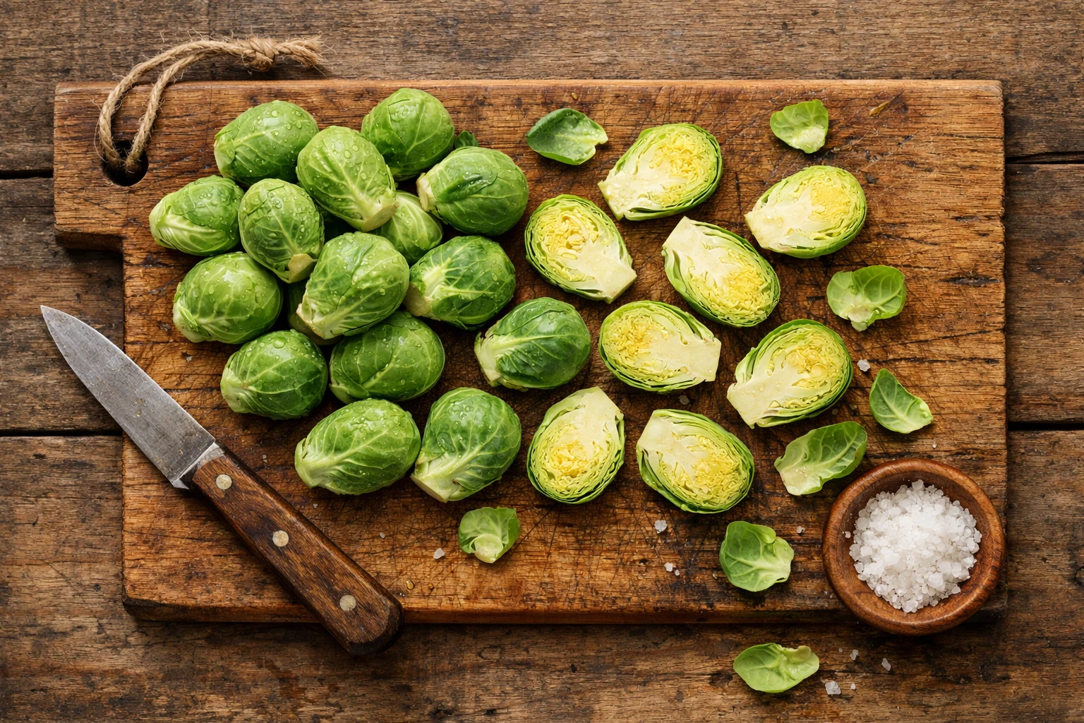 Coles de Bruselas frescas en mesa de madera rustica - 43 calorias por 100 g