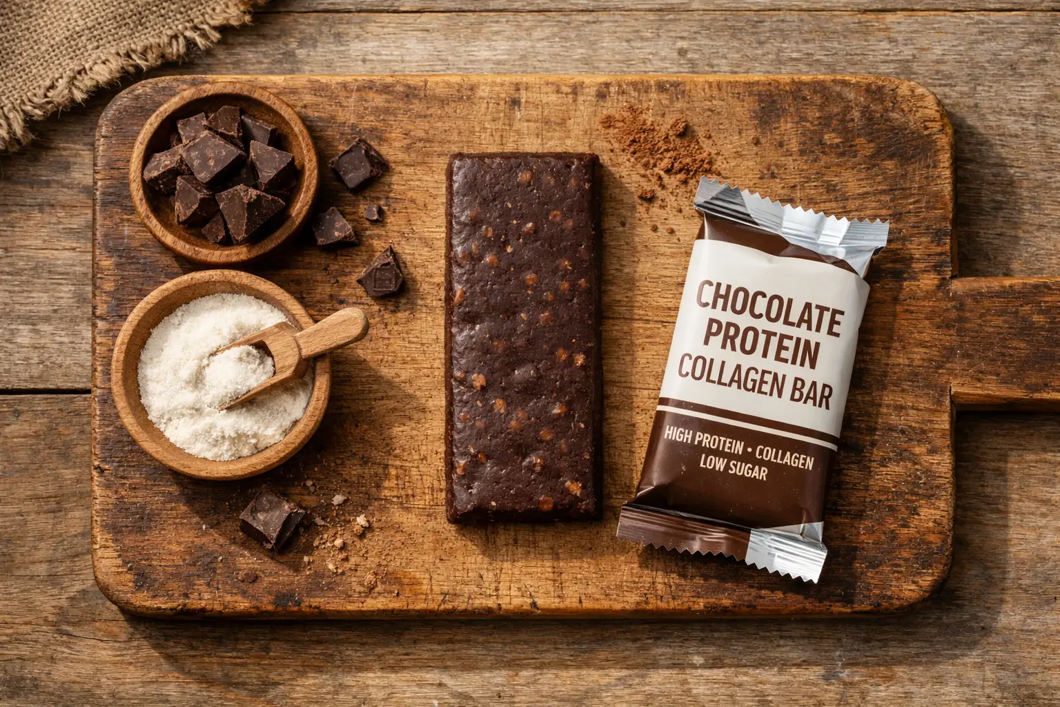 BSc High Protein Collagen Bar auf einem rustikalen Holztisch - 206 Kalorien pro Riegel