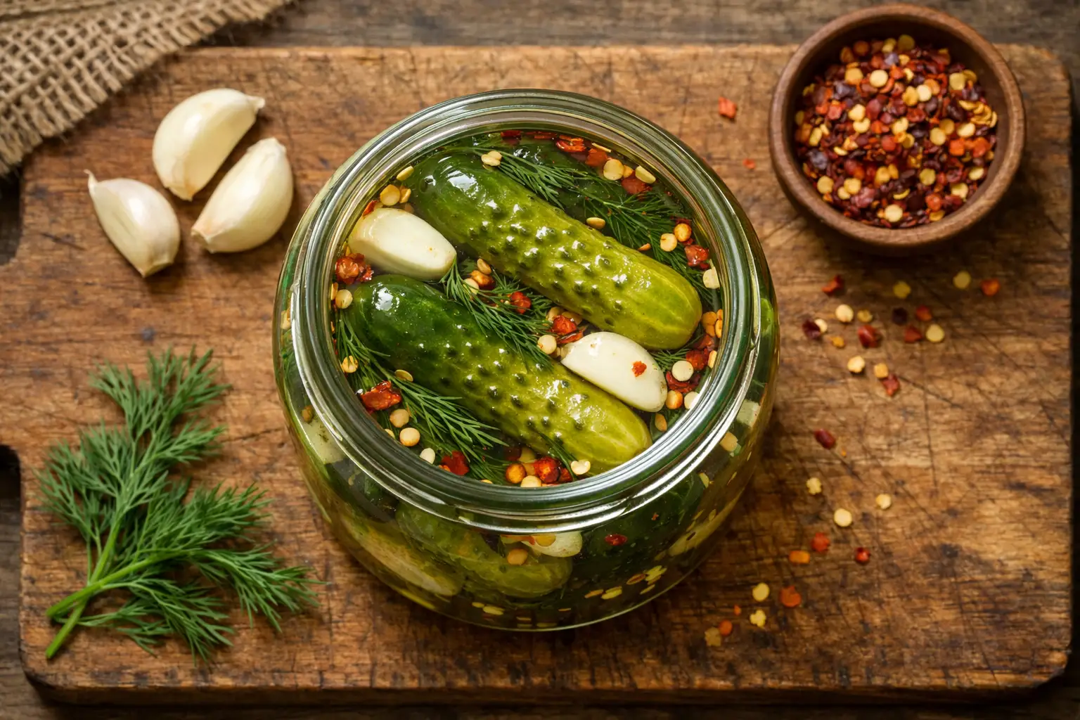 Fresh Bubbies Spicy Dill Pickles on rustic wooden table - 0 calories per pickle