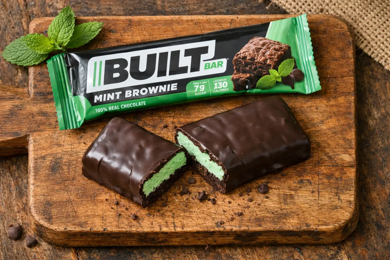 Fresh Built Bar Mint Brownie on rustic wooden table - 130 calories per bar