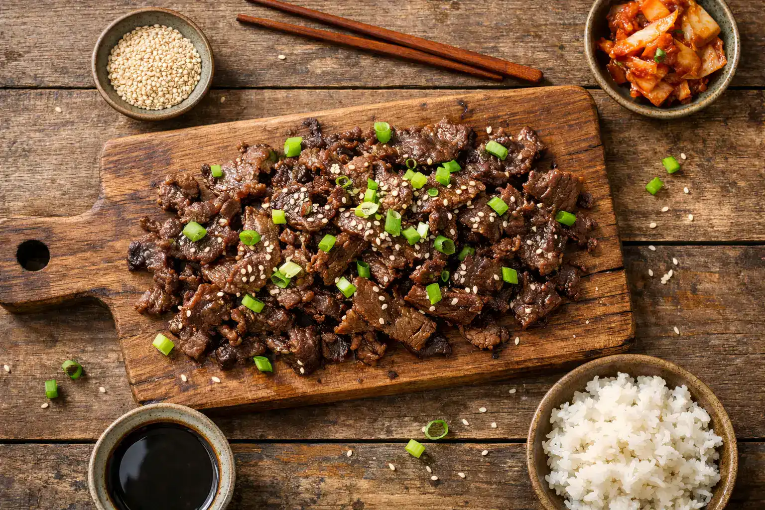 Fresh bulgogi Korean BBQ beef on rustic wooden table - 282 calories per serving