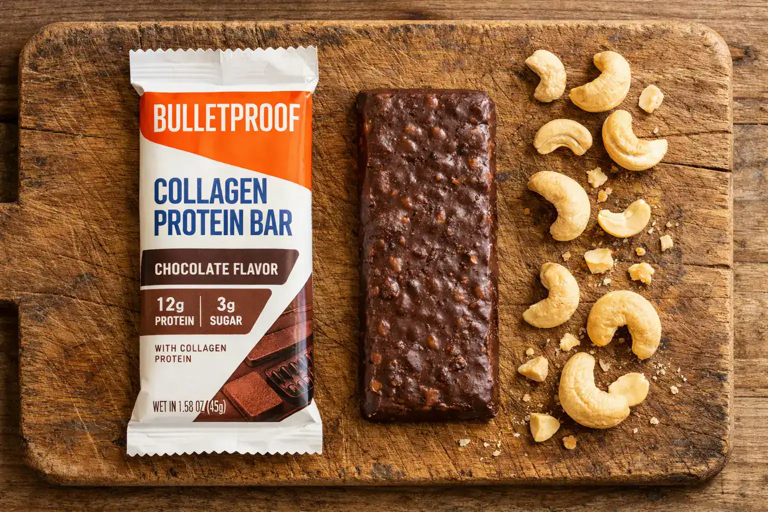 Bulletproof Collagen Protein Bar on rustic wooden table - 220 calories per bar