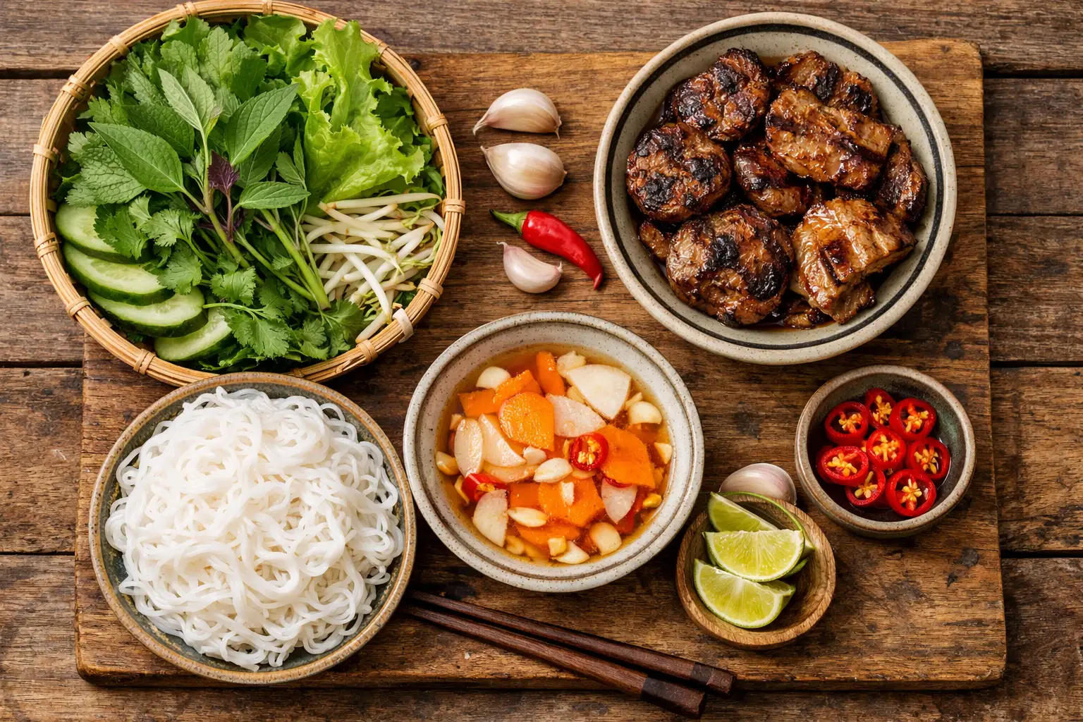 Frisches vietnamesisches Bún Chả mit gegrilltem Schweinefleisch und Reisnudeln - 520 Kalorien pro Portion