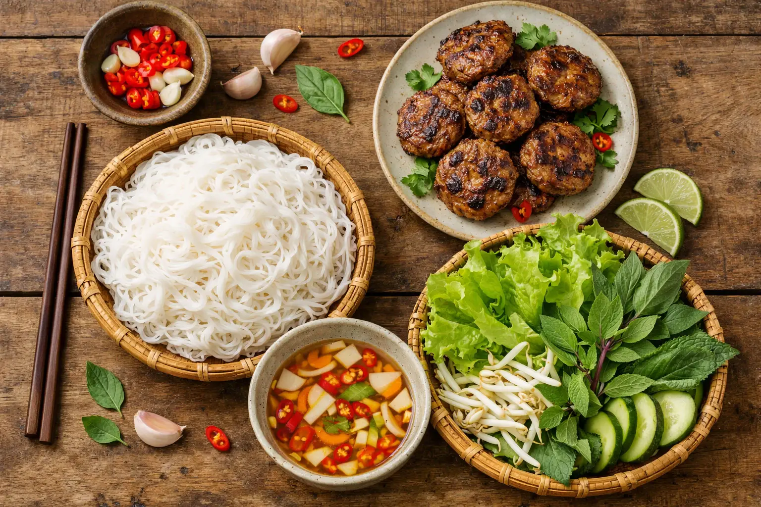 Fresh bun cha Vietnamese grilled pork with vermicelli noodles - 420 calories per serving