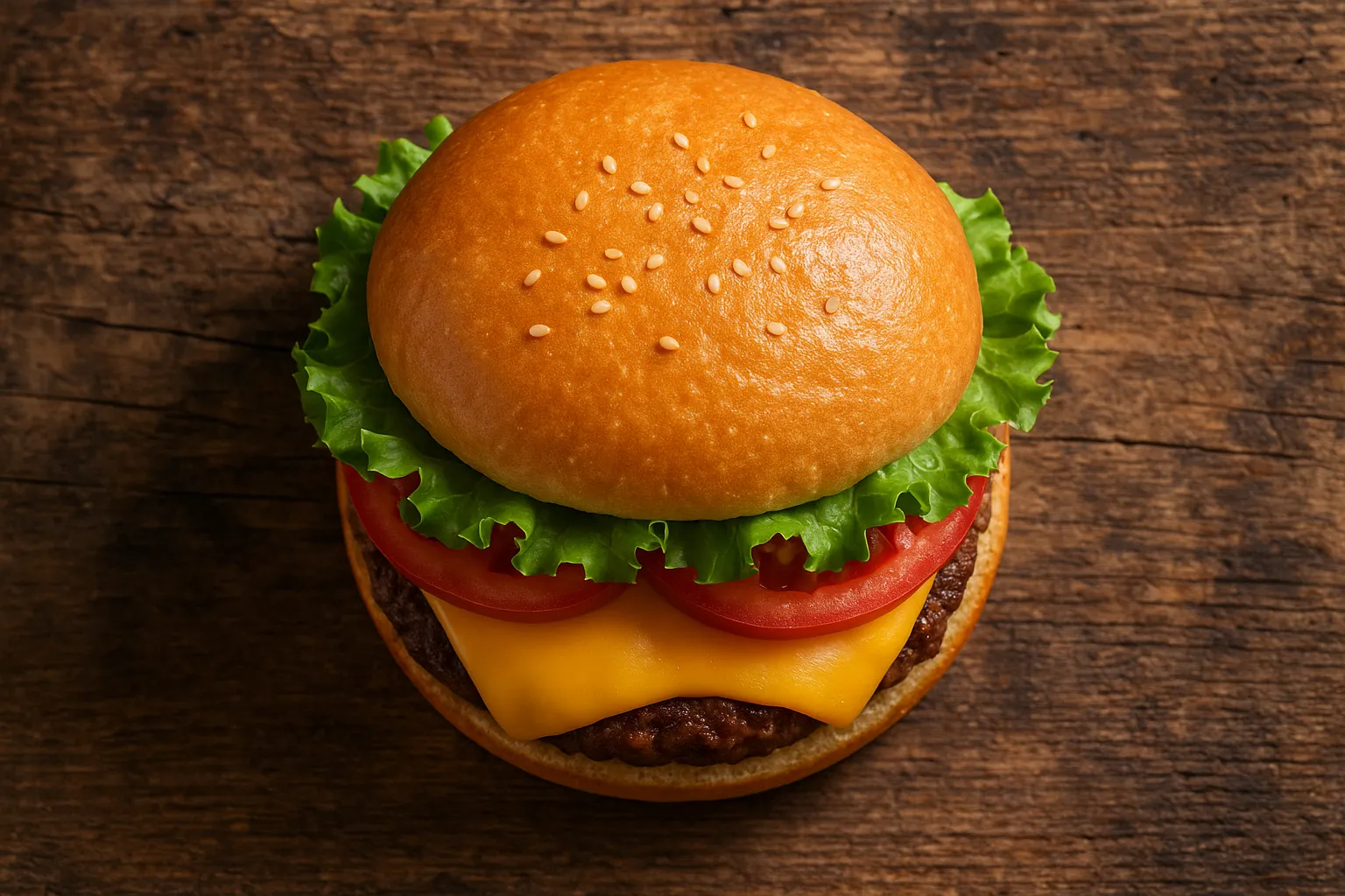 Fresh cheeseburger on rustic wooden table - 540 calories per burger