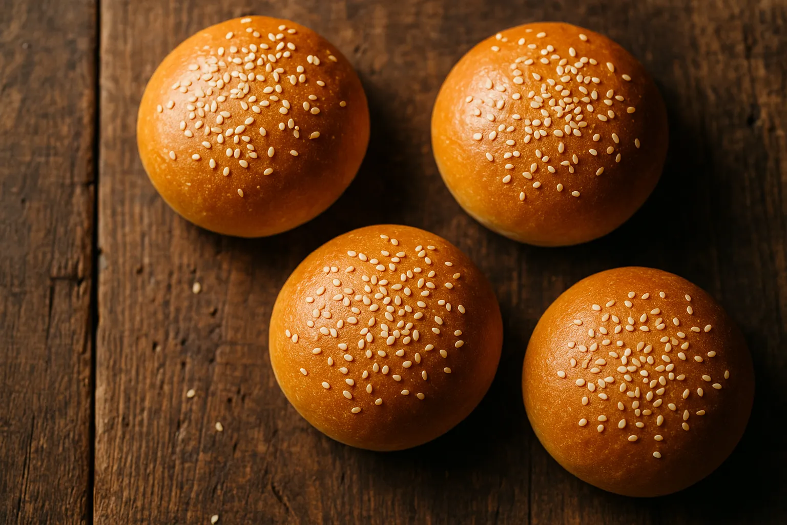 Frische Burger-Brötchen auf rustikalem Holztisch - 137 Kalorien pro Brötchen