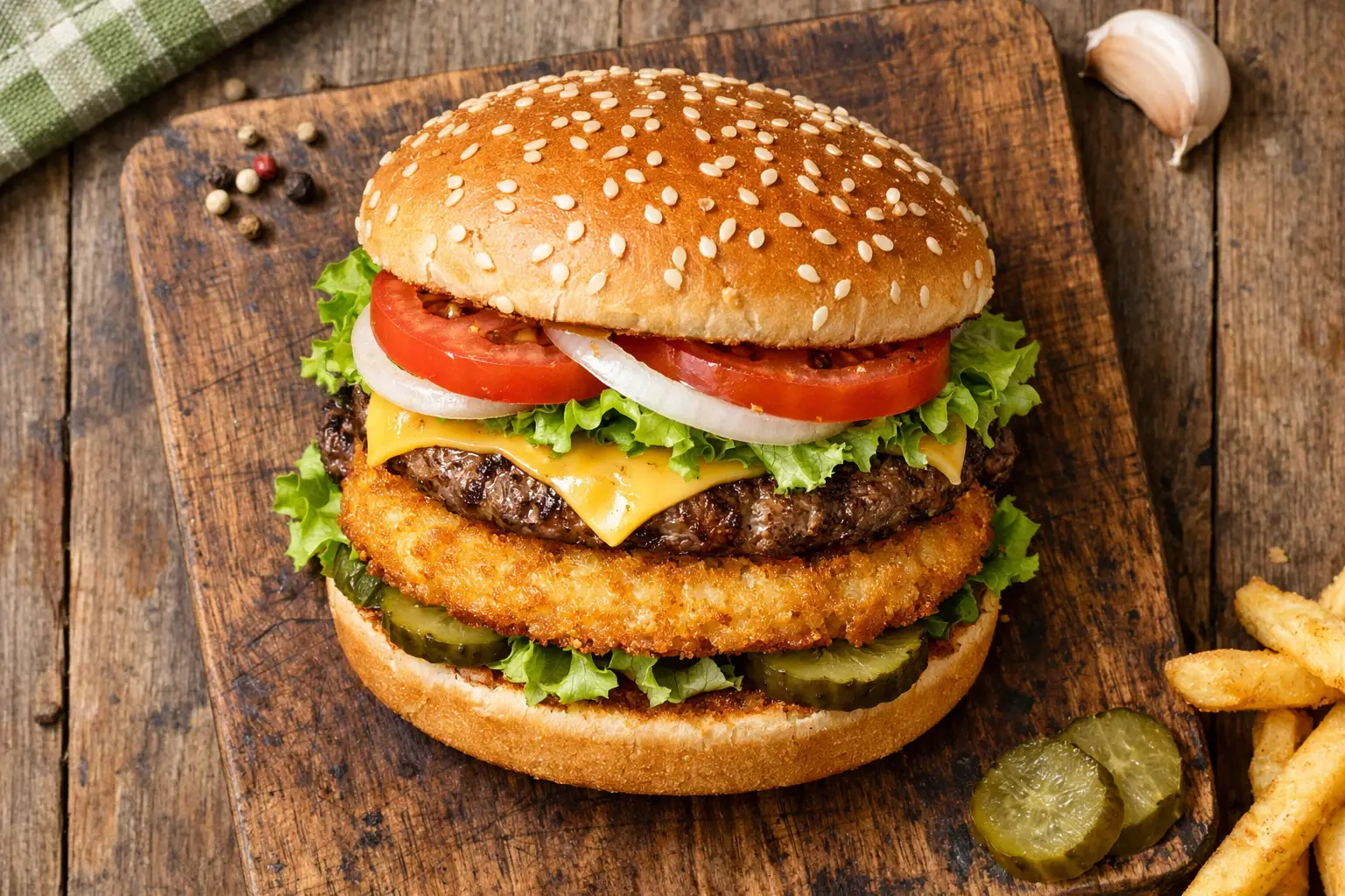 Burger King Hash Brown Whopper sobre mesa de madera rústica - 780 calorías por hamburguesa