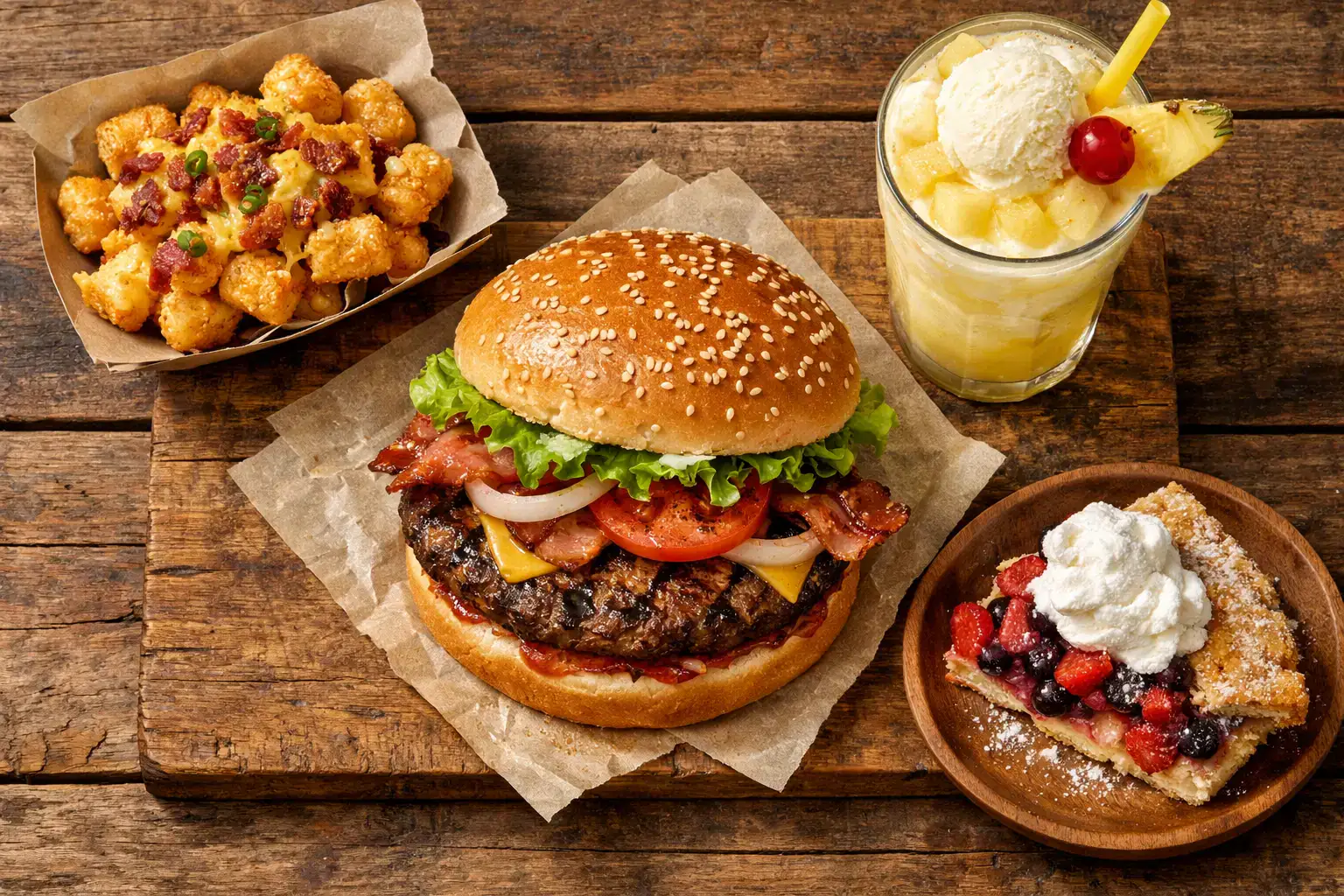 Burger King SpongeBob menu items on rustic wooden table - 250 to 780 calories per item