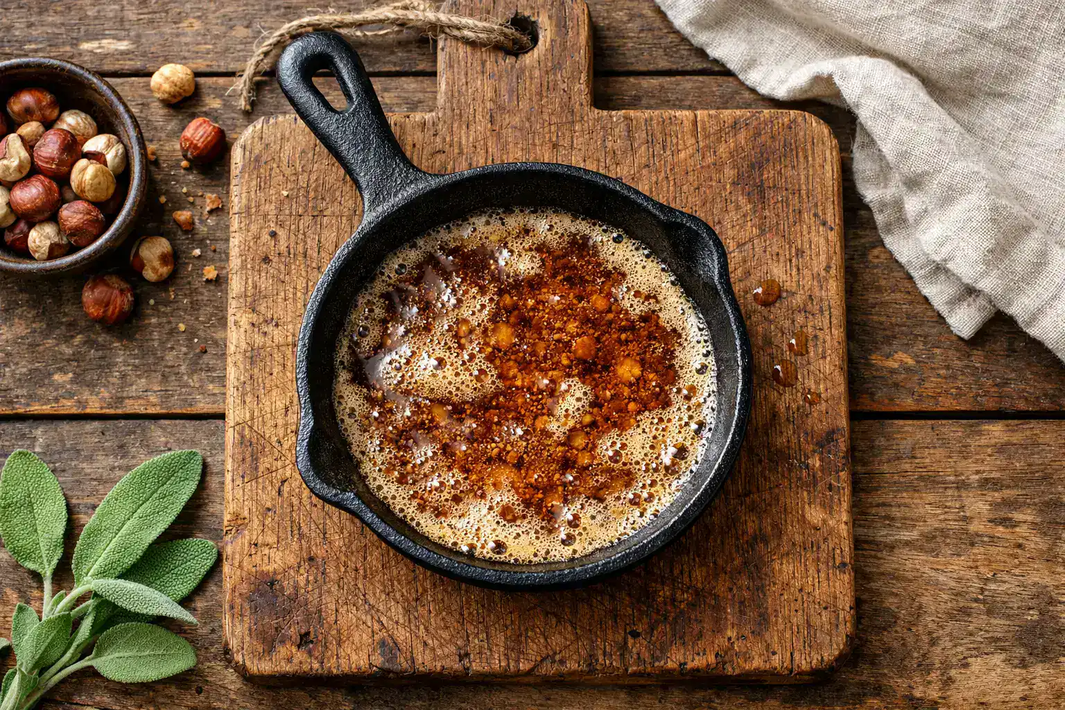 Fresh burnt butter beurre noisette in cast iron pan - 100 calories per tablespoon