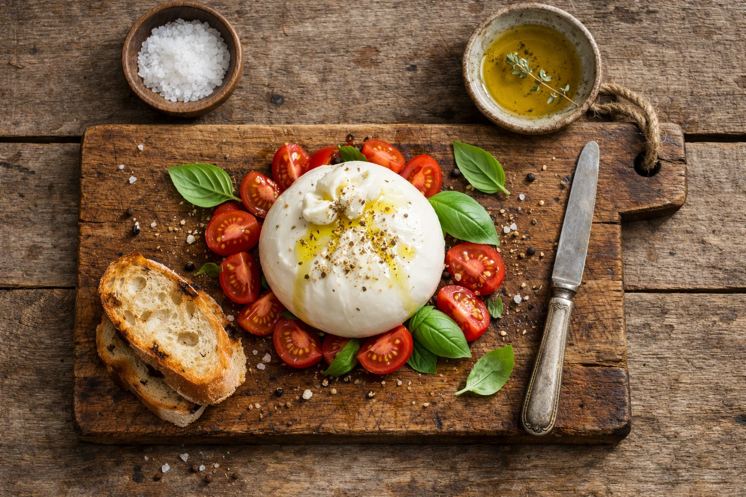 Fresh burrata cheese on rustic wooden table - 330 calories per 100g