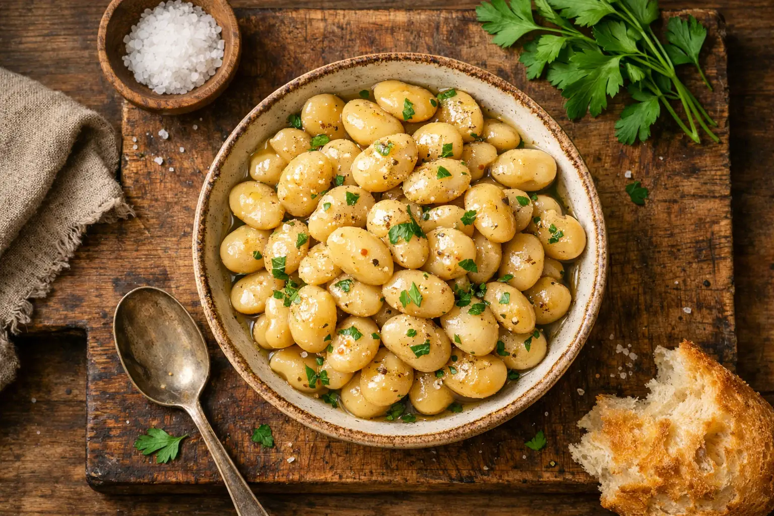 Frisch gekochte Butterbohnen auf rustikalem Holztisch - 115 Kalorien pro 100 g