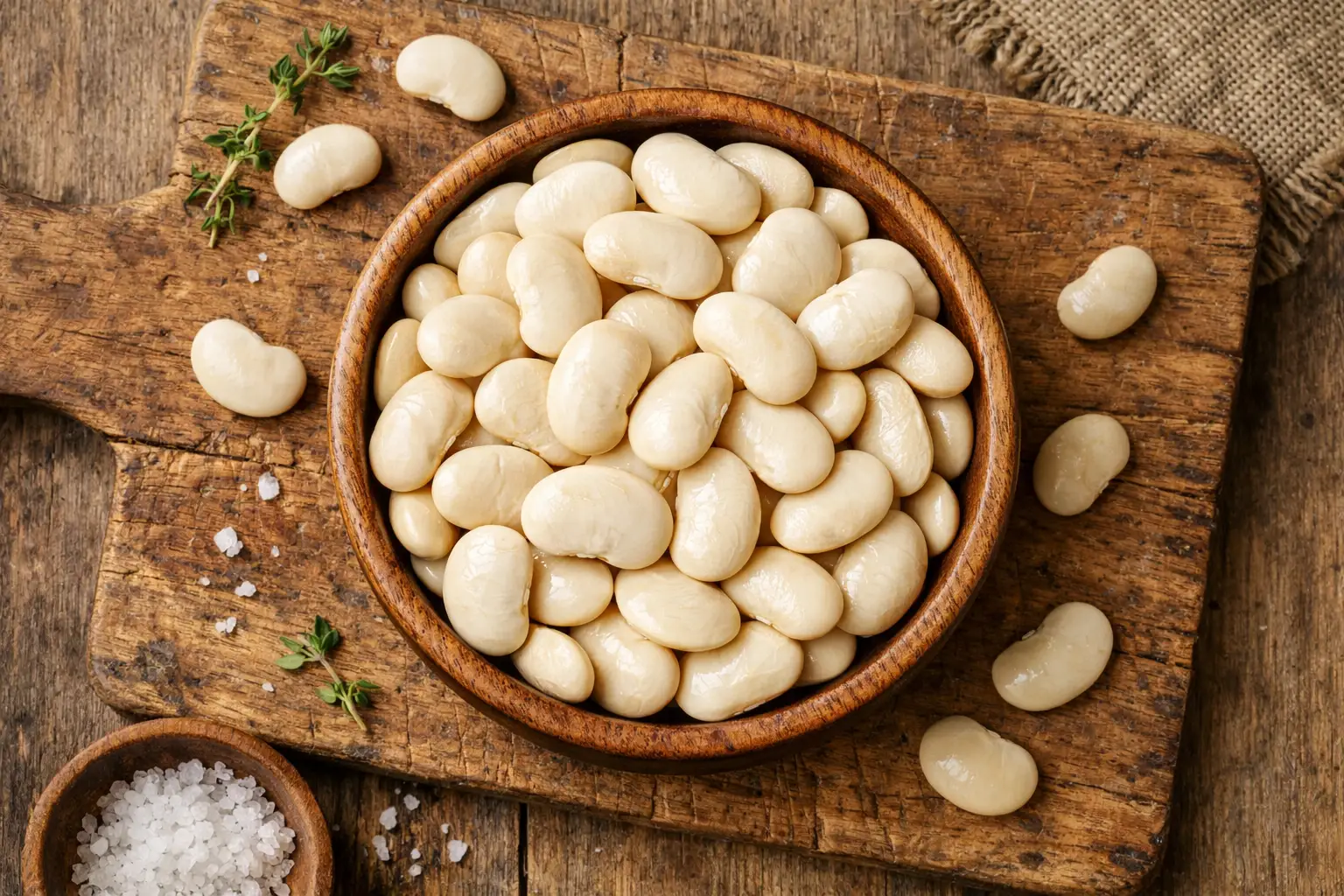 Frische Butterbohnen in Holzschale - 115 Kalorien pro 100 g gekocht