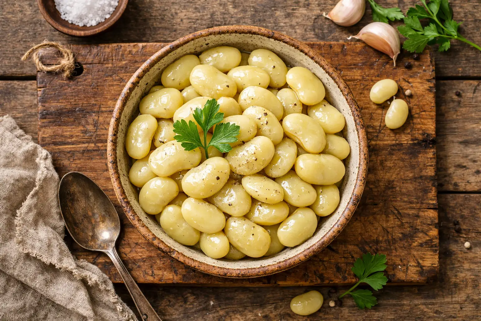 Fresh steamed butter beans on rustic wooden table - 115 calories per 100g