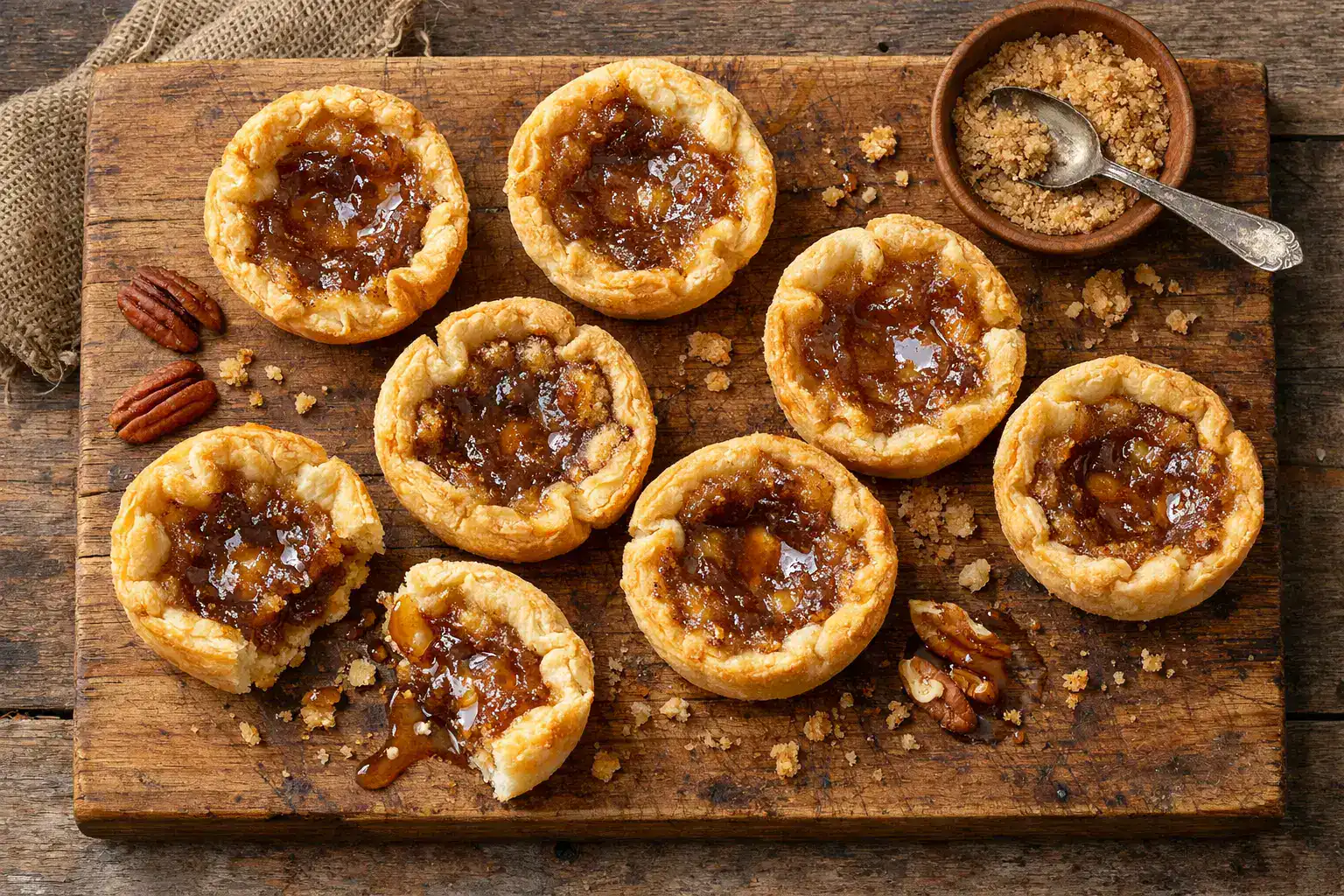 Butter tarts frescos en mesa de madera rústica - 200 calorías por tarta