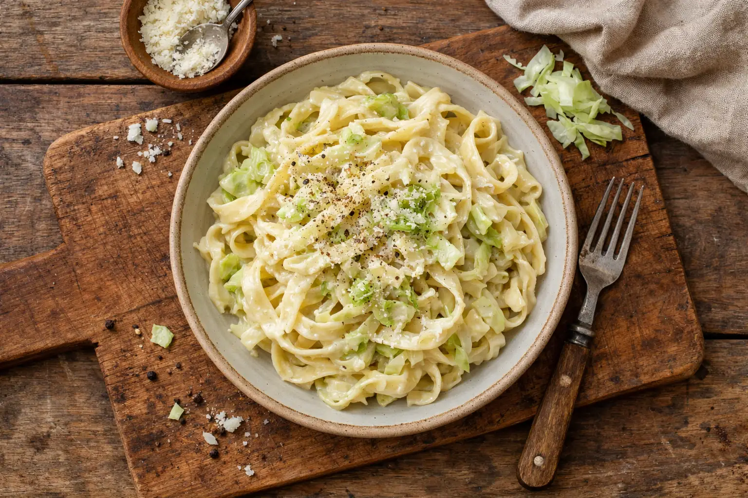 Frisches Kohl-Alfredo auf rustikalem Holztisch - 220 Kalorien pro Portion