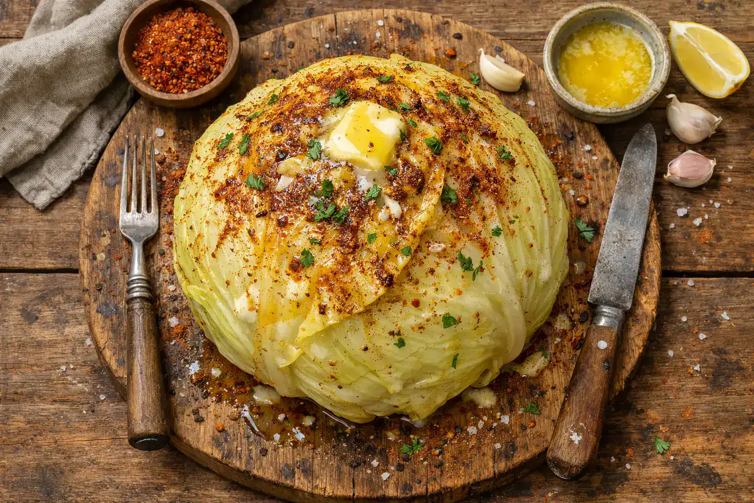 Cabbage boil cajun avec beurre et épices sur planche en bois - 180 calories par portion