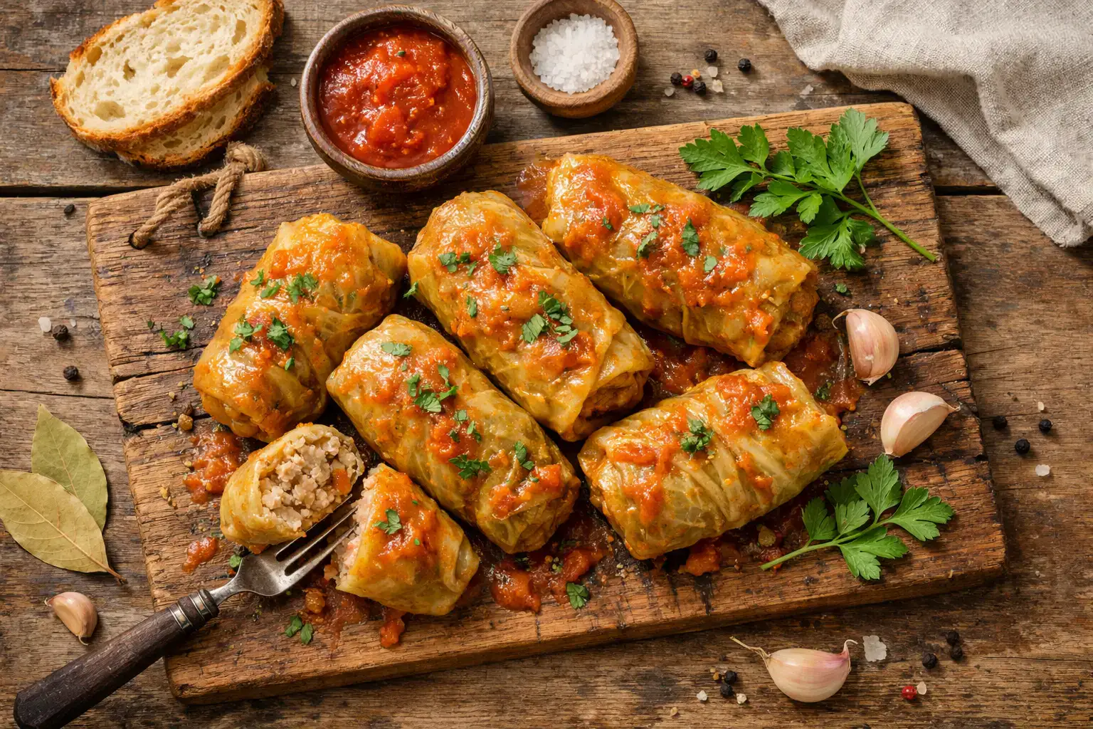 Rollitos de col rellenos golabki frescos sobre mesa de madera rústica - 180 calorías por rollo