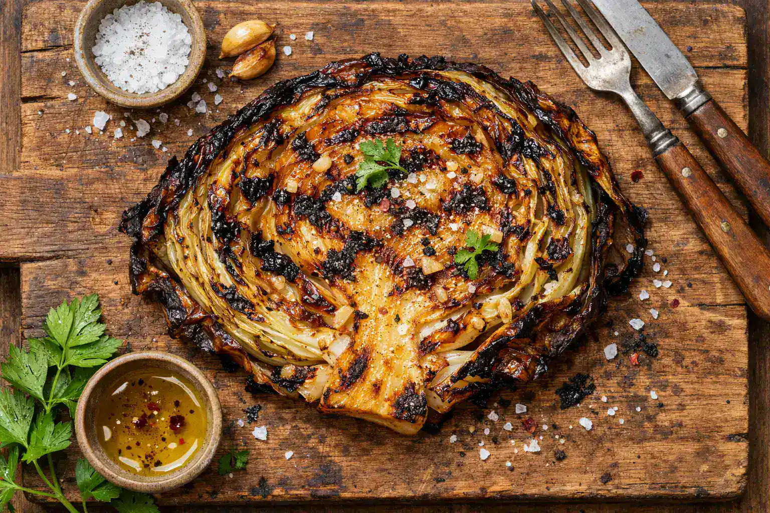 रस्टिक लकड़ी की मेज पर ताज़ा पत्ता गोभी स्टेक - 150 ग्राम सर्विंग में 40 कैलोरी