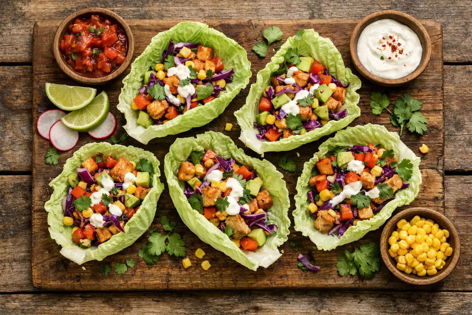 Frische Kohl-Taco-Wraps auf rustikalem Holztisch - 15 Kalorien pro Blatt