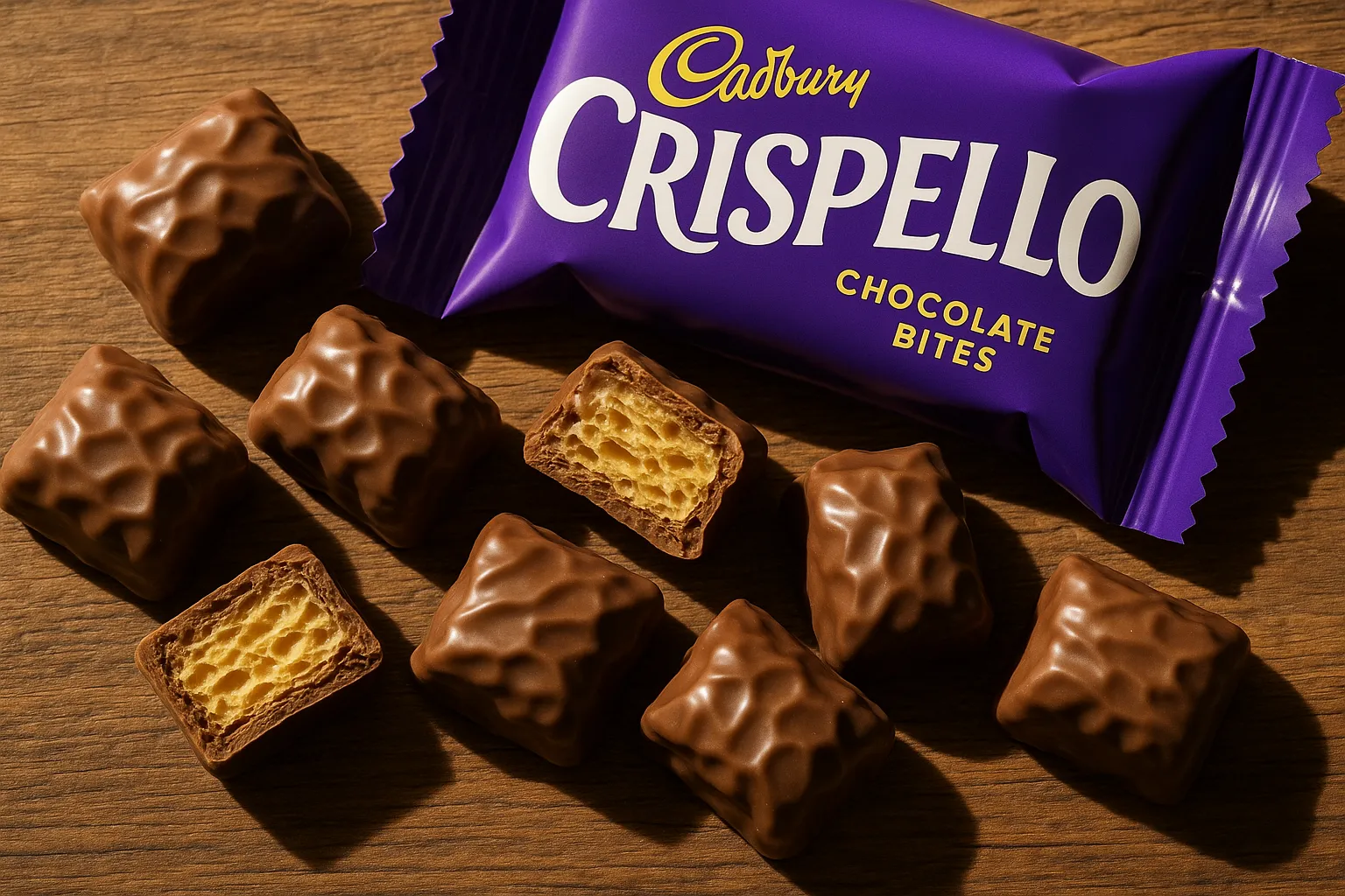 Cadbury Crispello chocolate wafer bites on rustic wooden table - 73 calories per bite