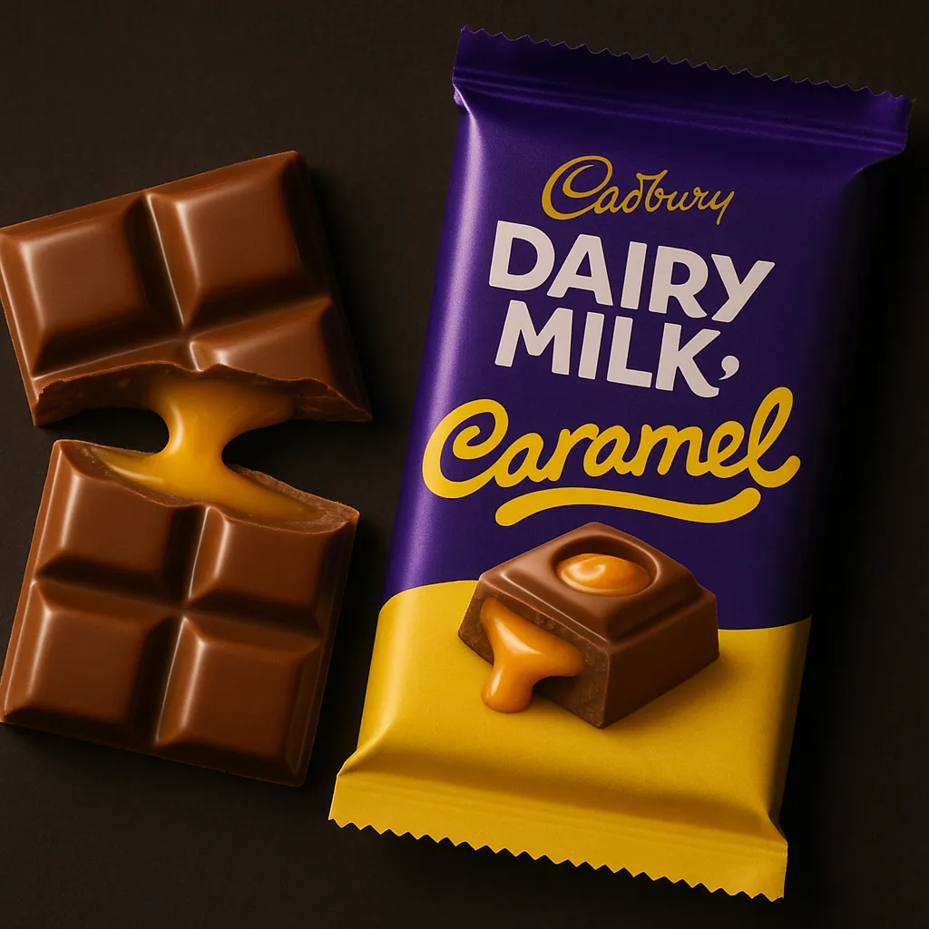 Cadbury Dairy Milk Caramel chocolate bar on dark background - 512 calories per 100g