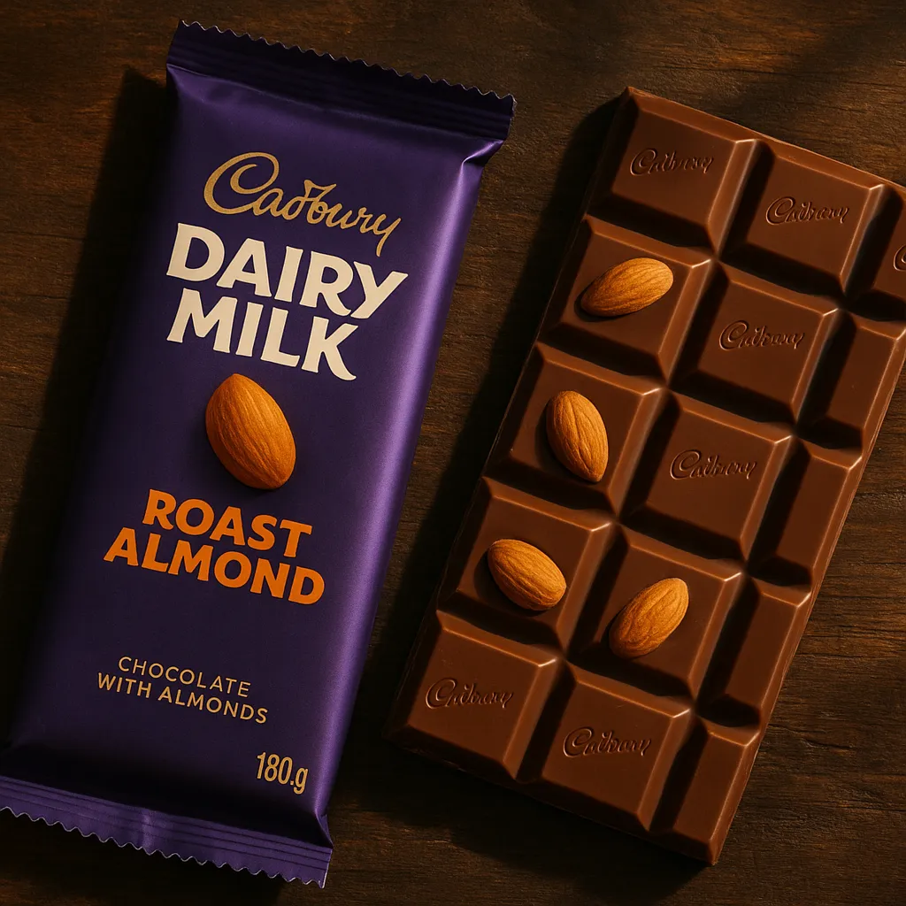 Barra de chocolate Cadbury Dairy Milk Roast Almond en superficie oscura - 509 calorías por 100g