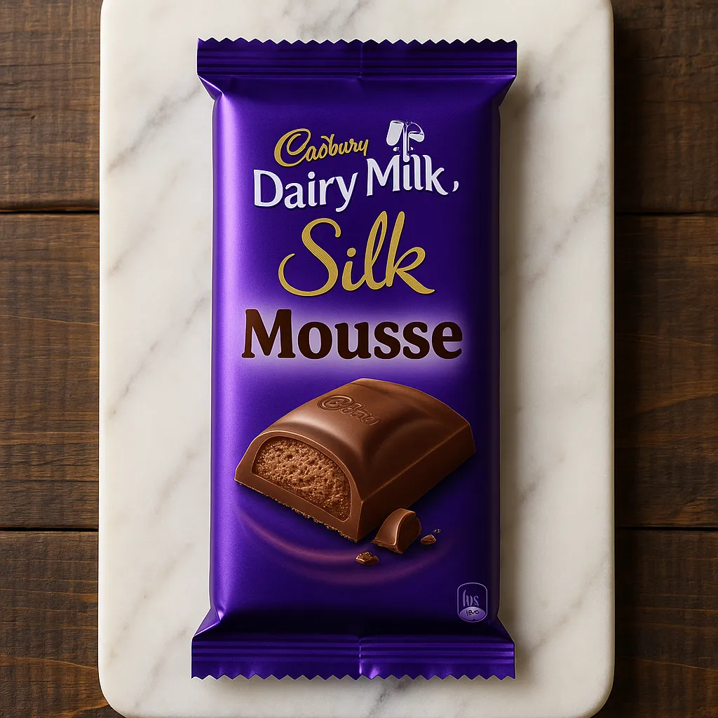 Cadbury Dairy Milk Silk Mousse on marble surface - 235 calories per bar