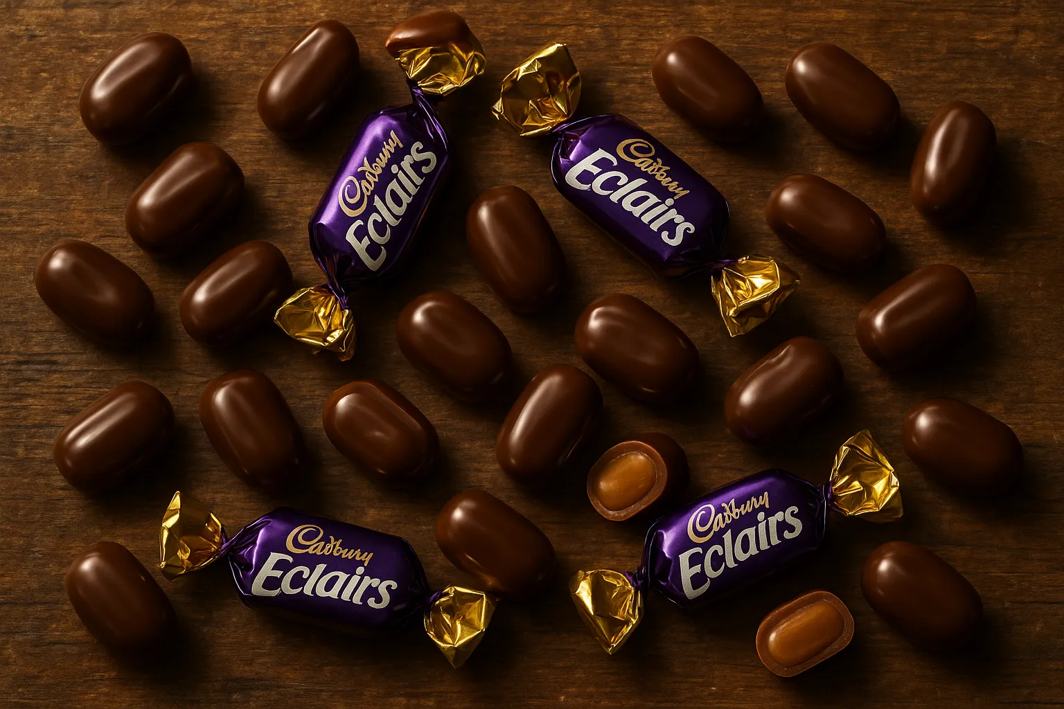 रसटिक वुडन टेबल पर चमकदार चॉकलेट कोटिंग वाली Cadbury Eclairs चॉकलेट टॉफी कैंडीज - प्रति पीस 45 कैलोरी