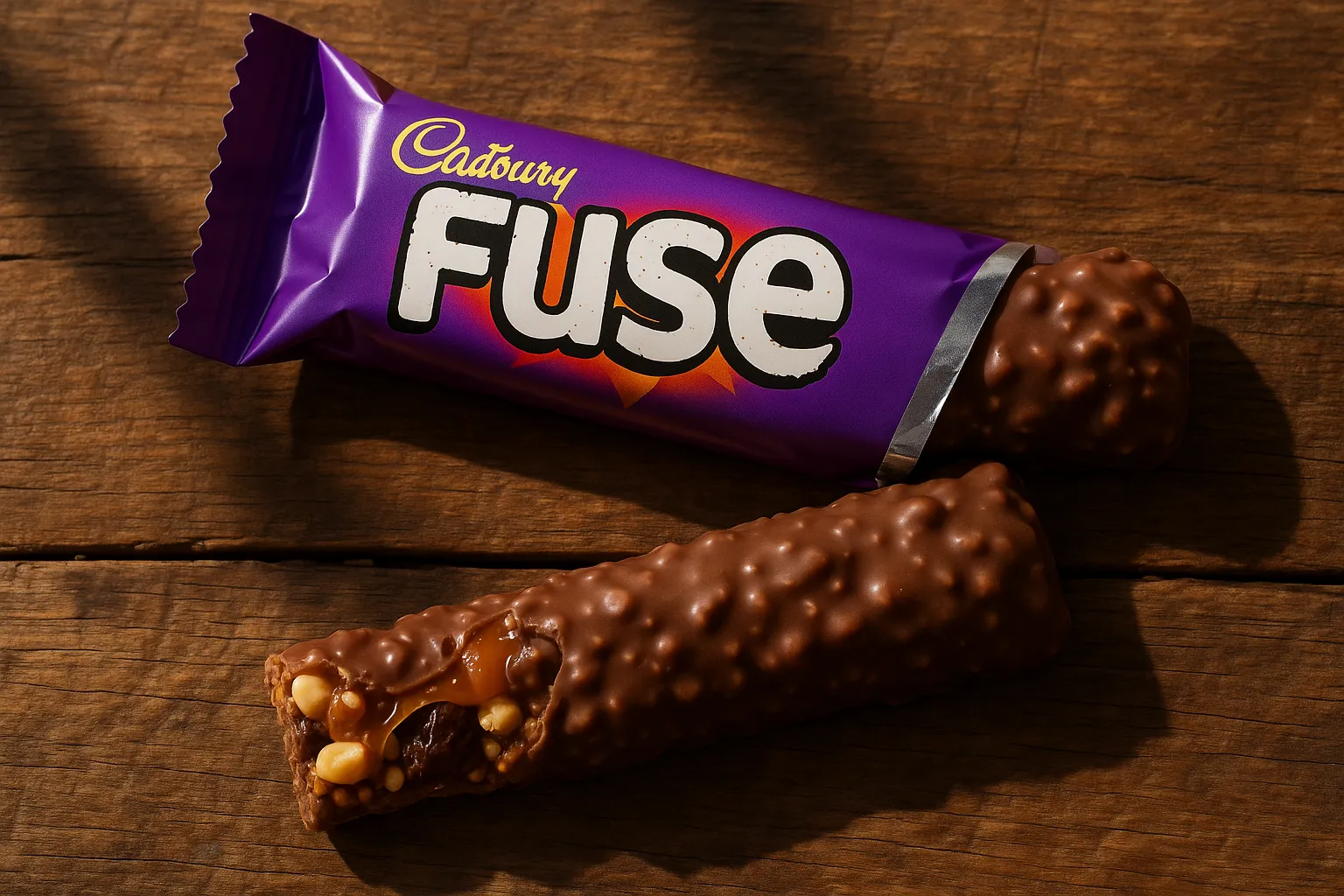 Barre chocolatée Cadbury Fuse sur table en bois rustique - 220 calories par barre
