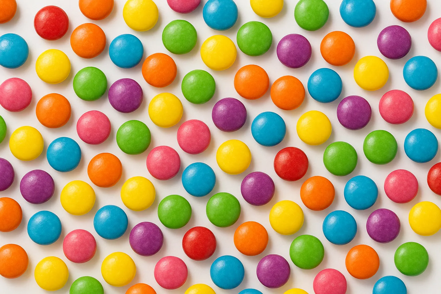 Colorful Cadbury Gems chocolate buttons scattered on white surface - 18 calories per piece