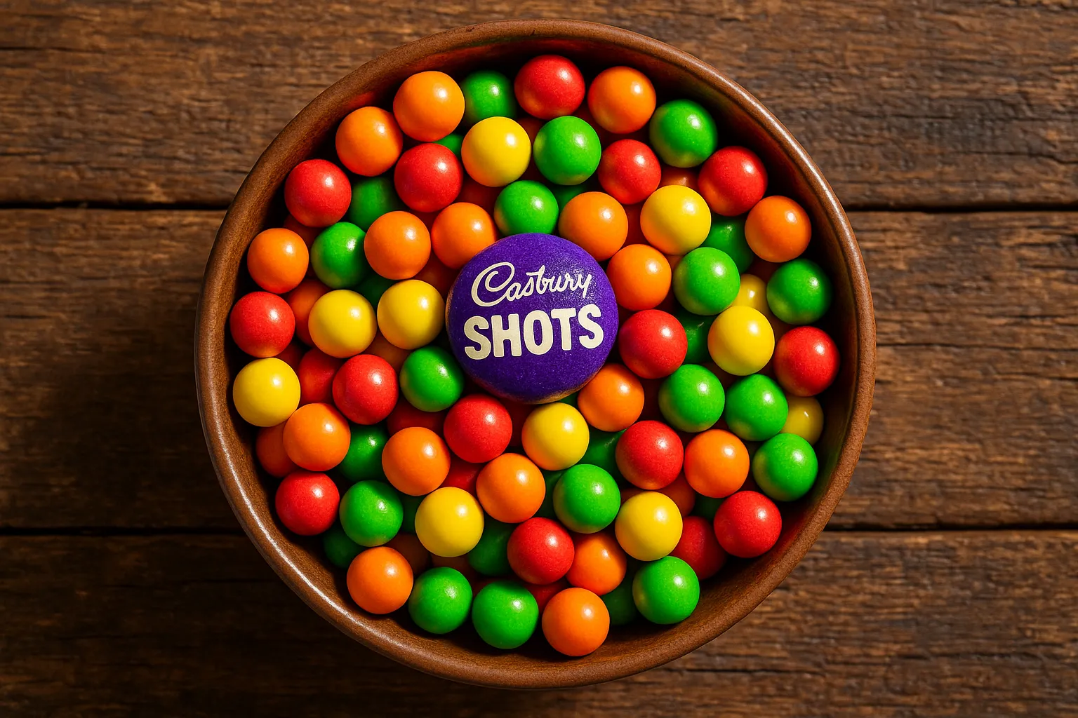 Boules de chocolat Cadbury Shots colorées dans un bol - 52 calories par pièce