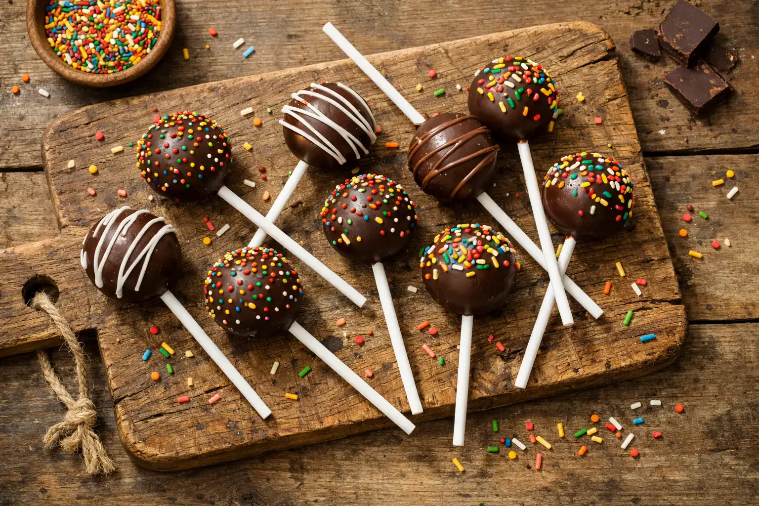 Fresh chocolate cake pops on rustic wooden table - 170 calories per cake pop