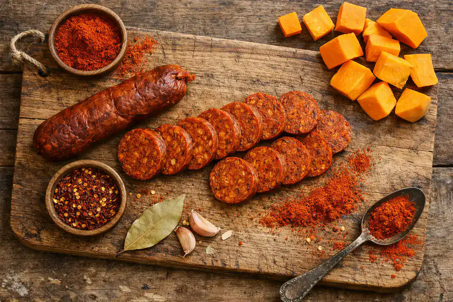 Frische Calabizo vegane Chorizo auf rustikalem Holztisch - 261 Kalorien pro 100 g