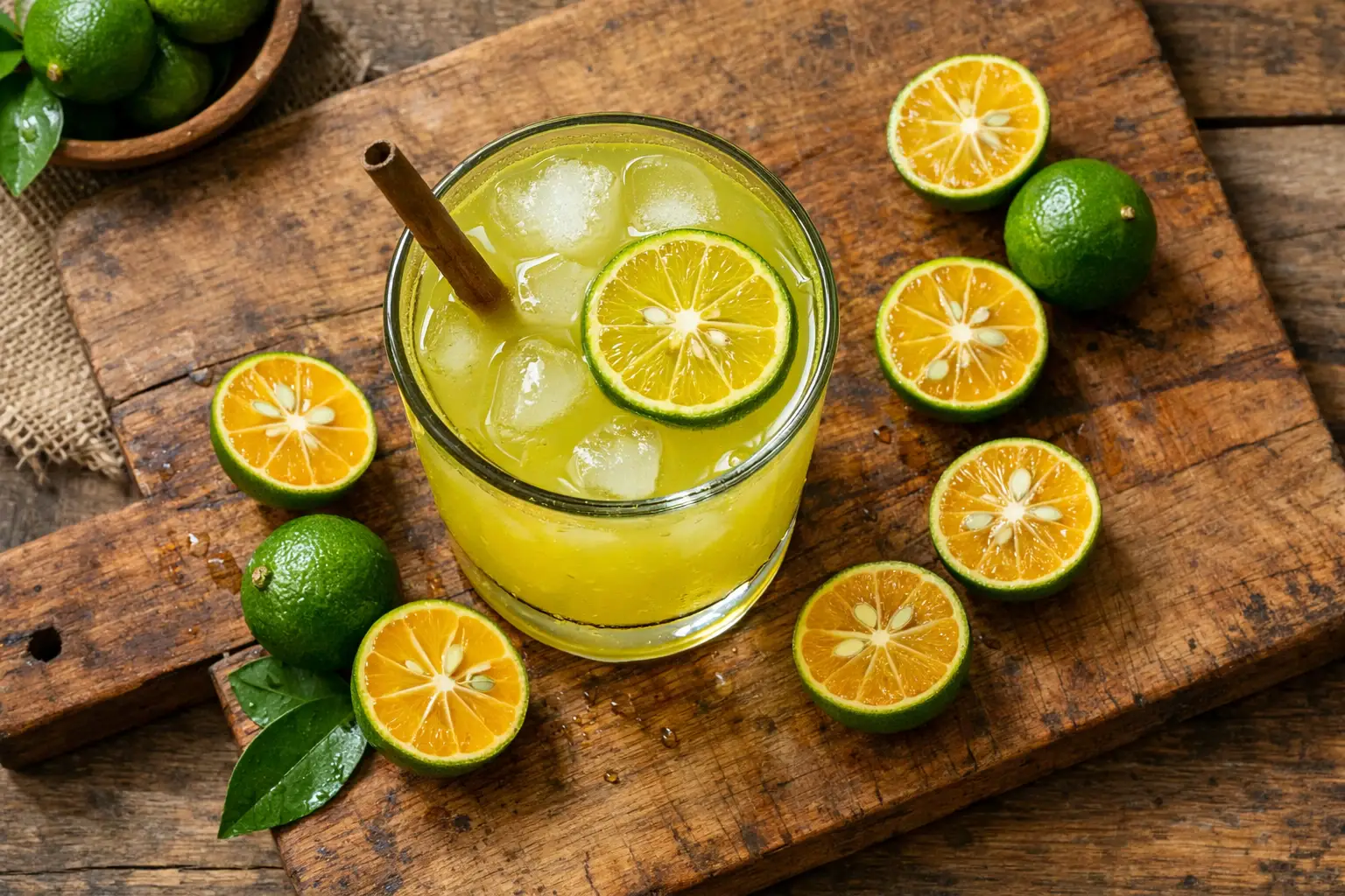 Fresh calamansi juice on rustic wooden table - 25 calories per 100ml
