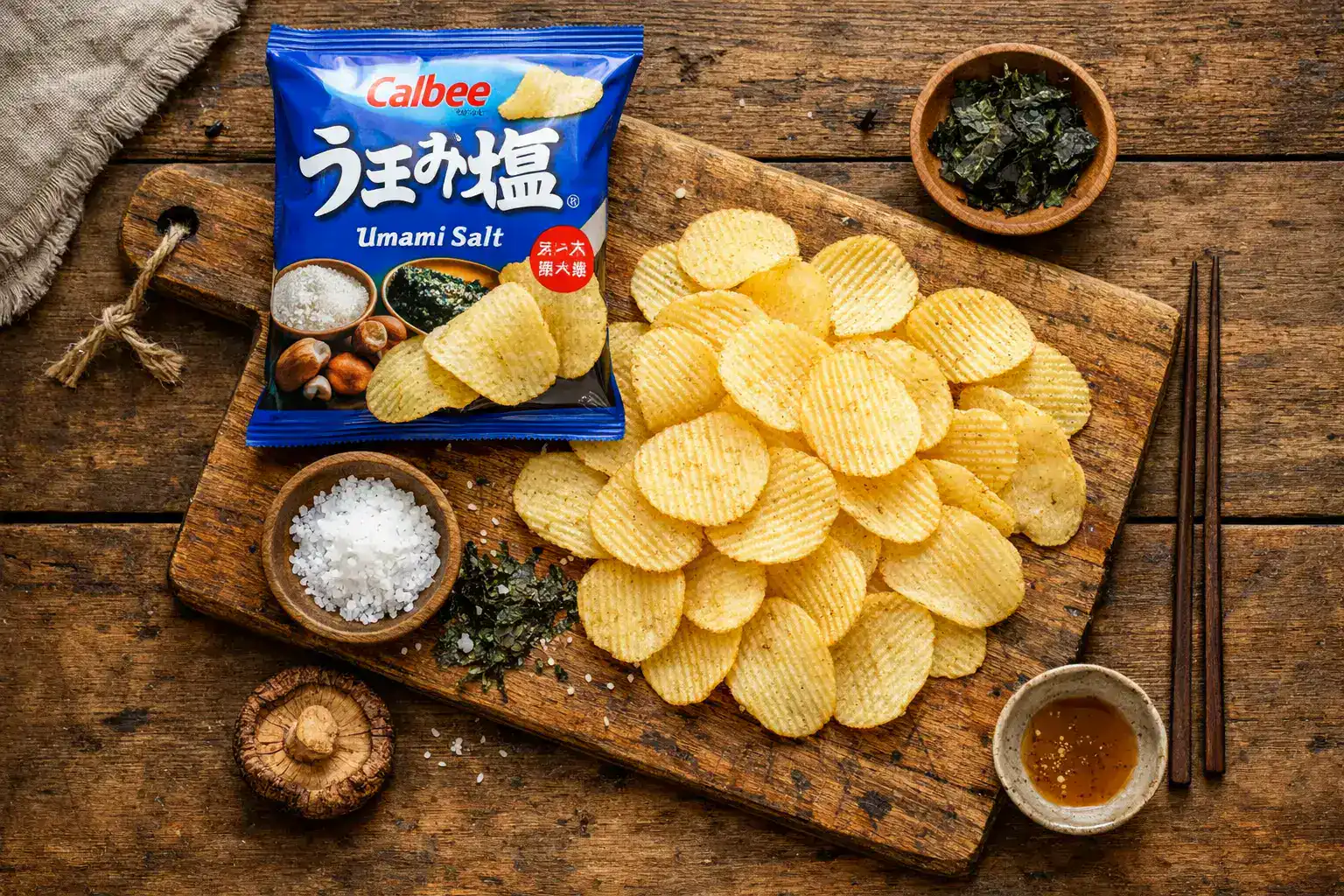 Chips Calbee Asian Style Umami Salt sur table en bois rustique - 150 calories pour 28 g