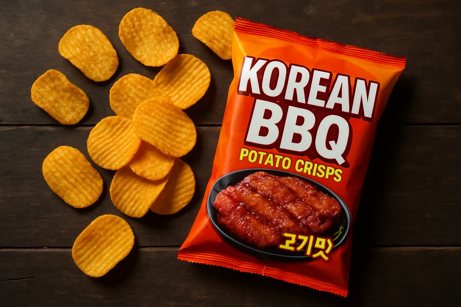 Calbee Asian Style Crisps Korean BBQ flavour potato chips in a 60g bag with scattered crisps on a wooden surface